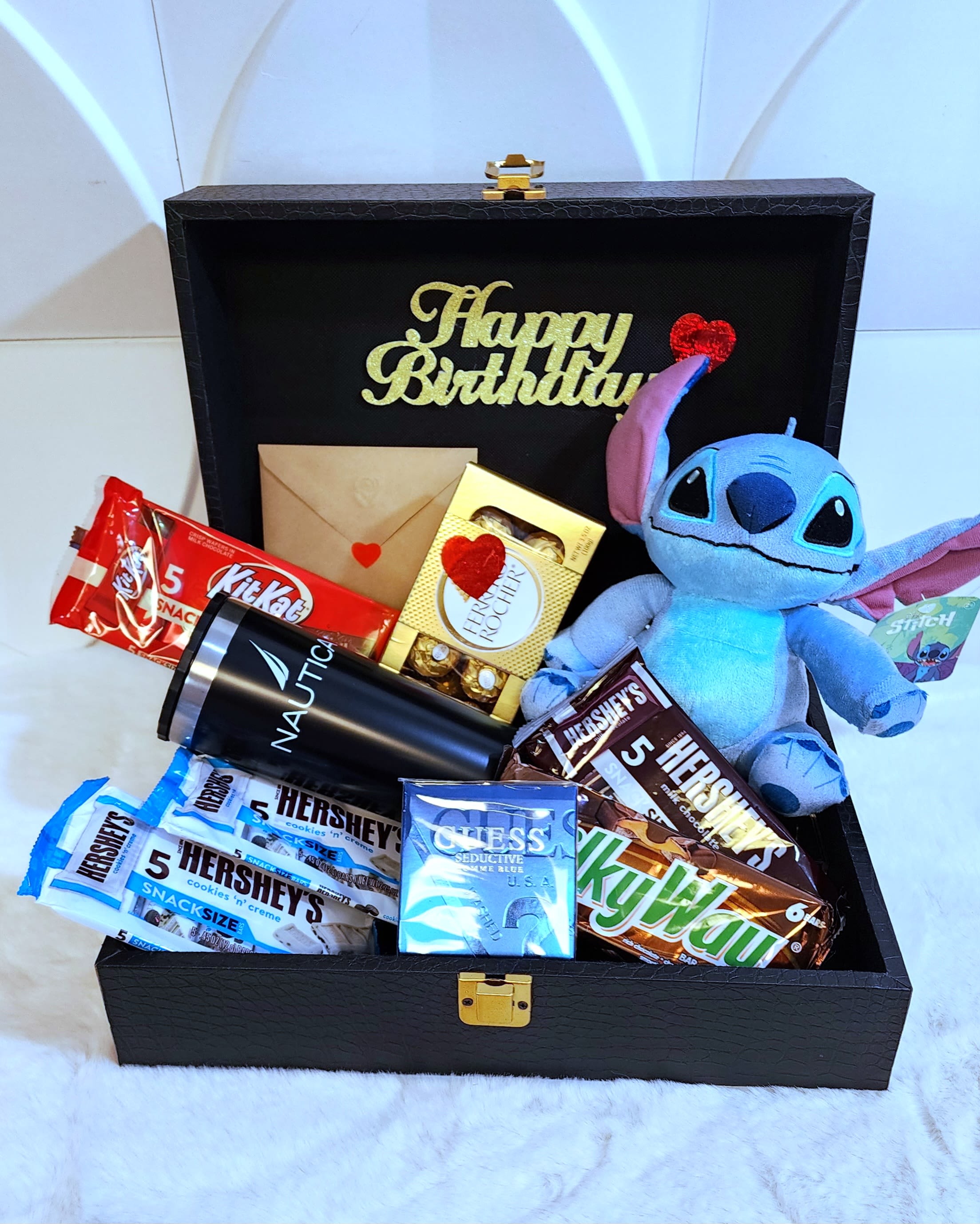 STITCH BIRTHDAY  BOX - SURPRISE BOX  STICH 10 INCH THERMO GUESS MEN PERFUME CHOCOLATES