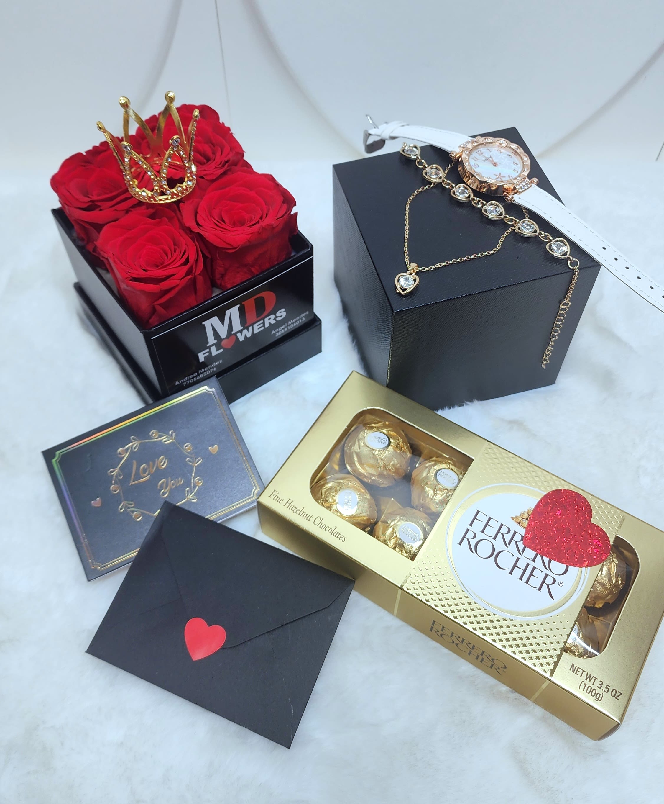 SPECIAL SET - 4 RED PRESERVED ROSES SET JEWELRY FERRERO ROCHER CHOCOLATES BALLOON