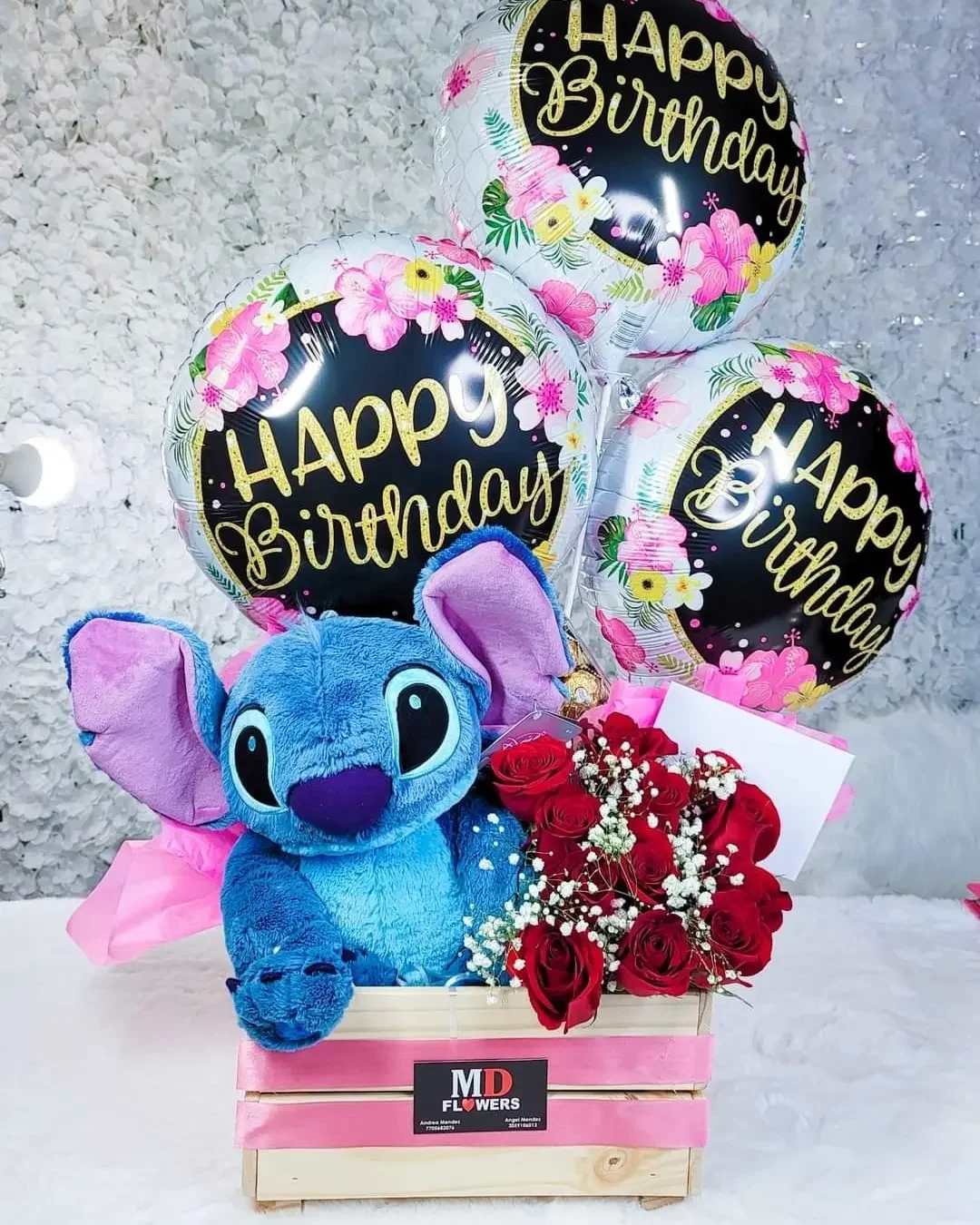  STITCH ARRANGEMENT - Natural red roses with baby breath Stich 16 inch balloons