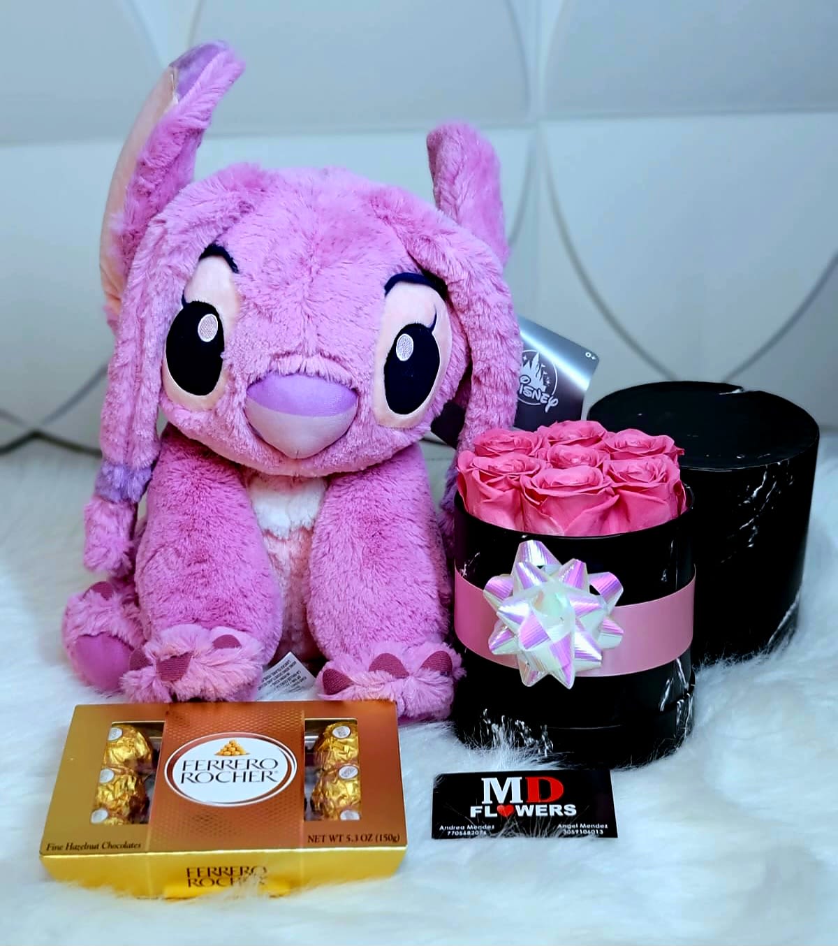 ANGEL SET - PINK PRESERVED ROSES BOX ANGEL 16 INCH FERRERO ROCHER CHOCOLATES