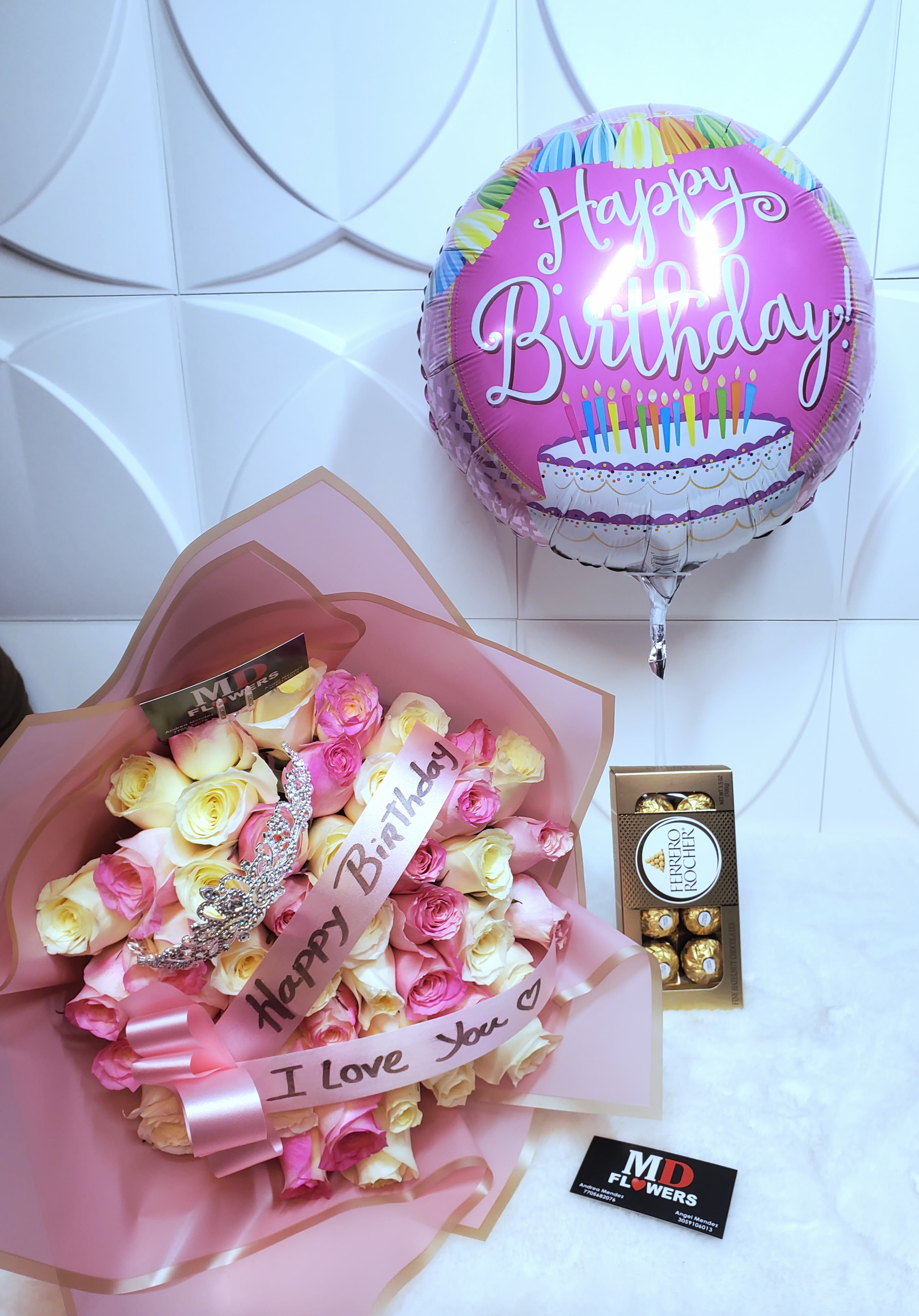 BIRTHDAY MIX BOUQUET - 36 MIX ROSES WITH BALLOON AND FERRERO ROCHER CHOCOLATES