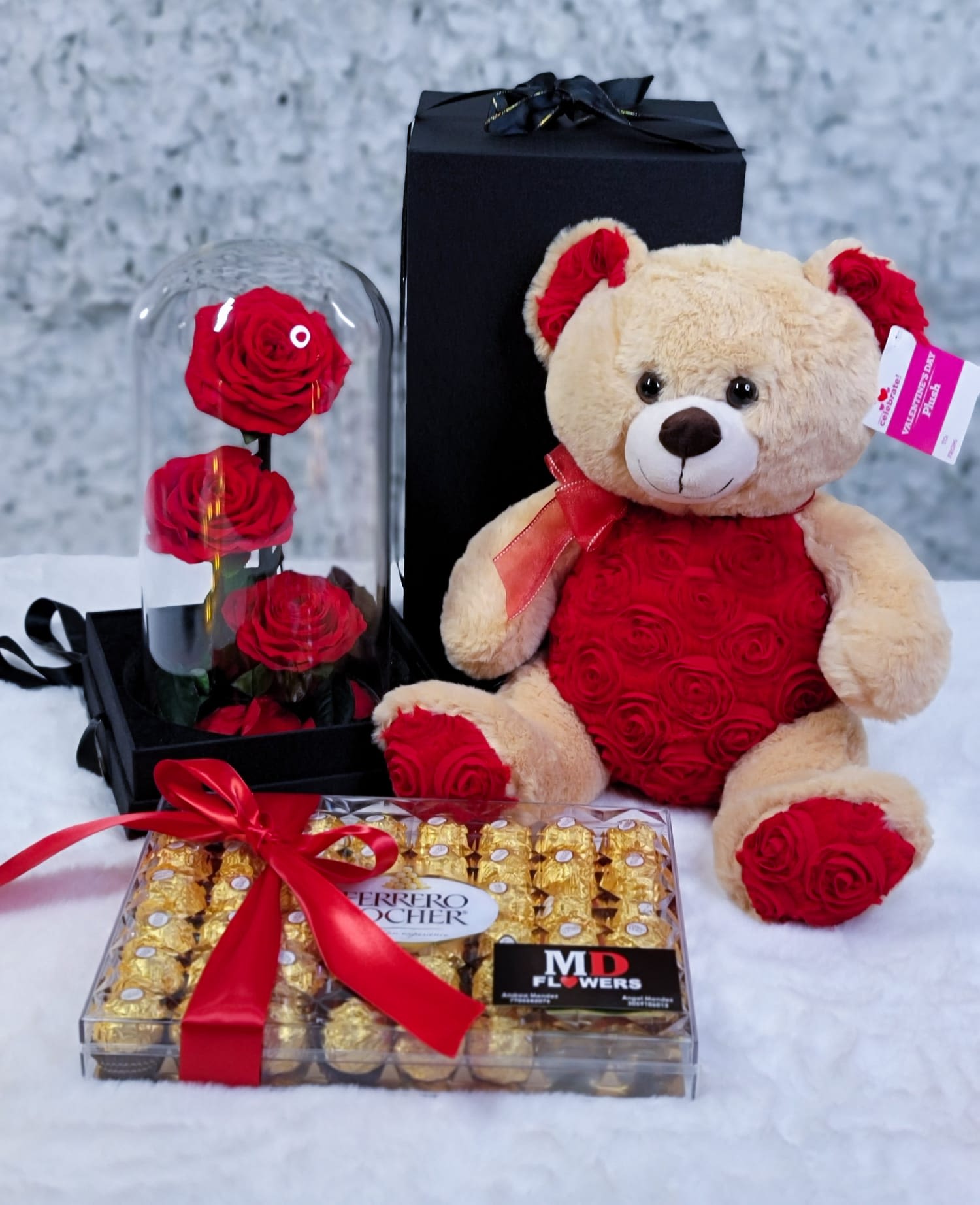 DELUXE BIG SET - 3 PRESERVED ROSES IN GLASS TEDDY BEAR 16 INCH 48 FERRERO ROCHER CHOCOLATES BALLOON