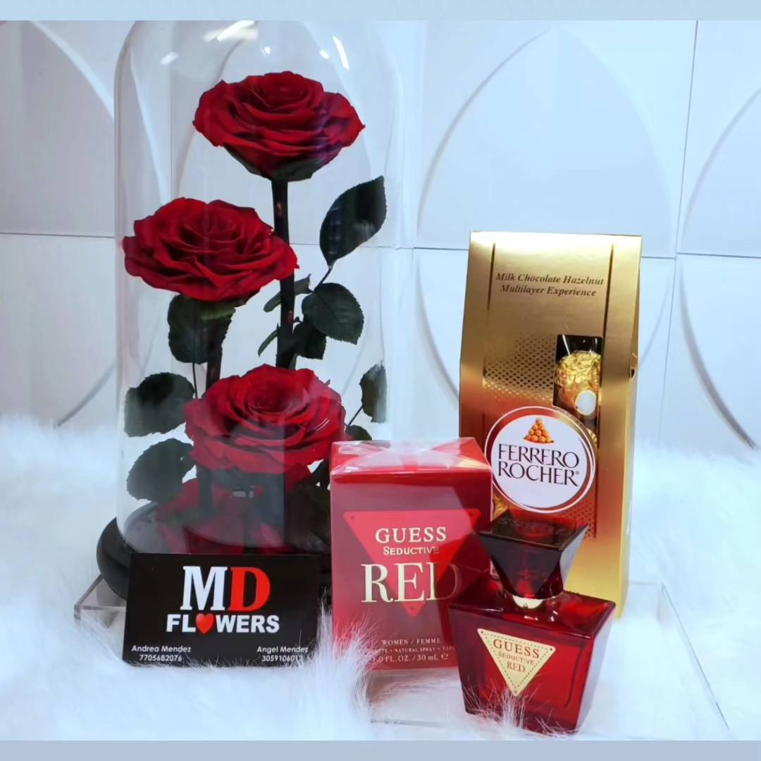 DELUXE ROSES SET DELUXE ROSES SET - 3 PRESERVED ROSES GLASS GUESS WOMEN PERFUME FERRERO ROCHER CHOCOLATES BALLOON