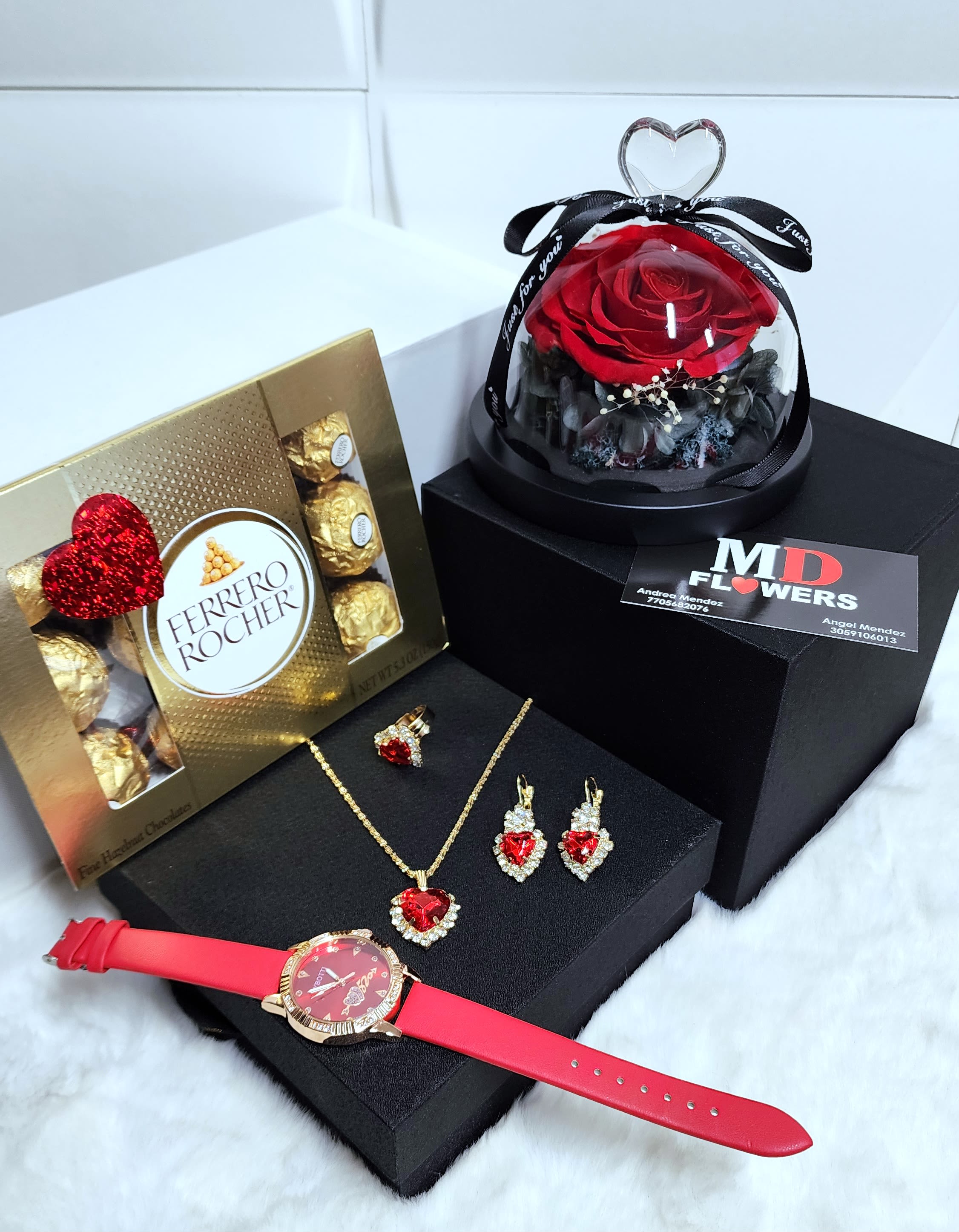 DELUXE SET - PRESERVED ROSE IN CRYSTAL DOME SET JEWELRY FERRERO ROCHER CHOCOLATES
