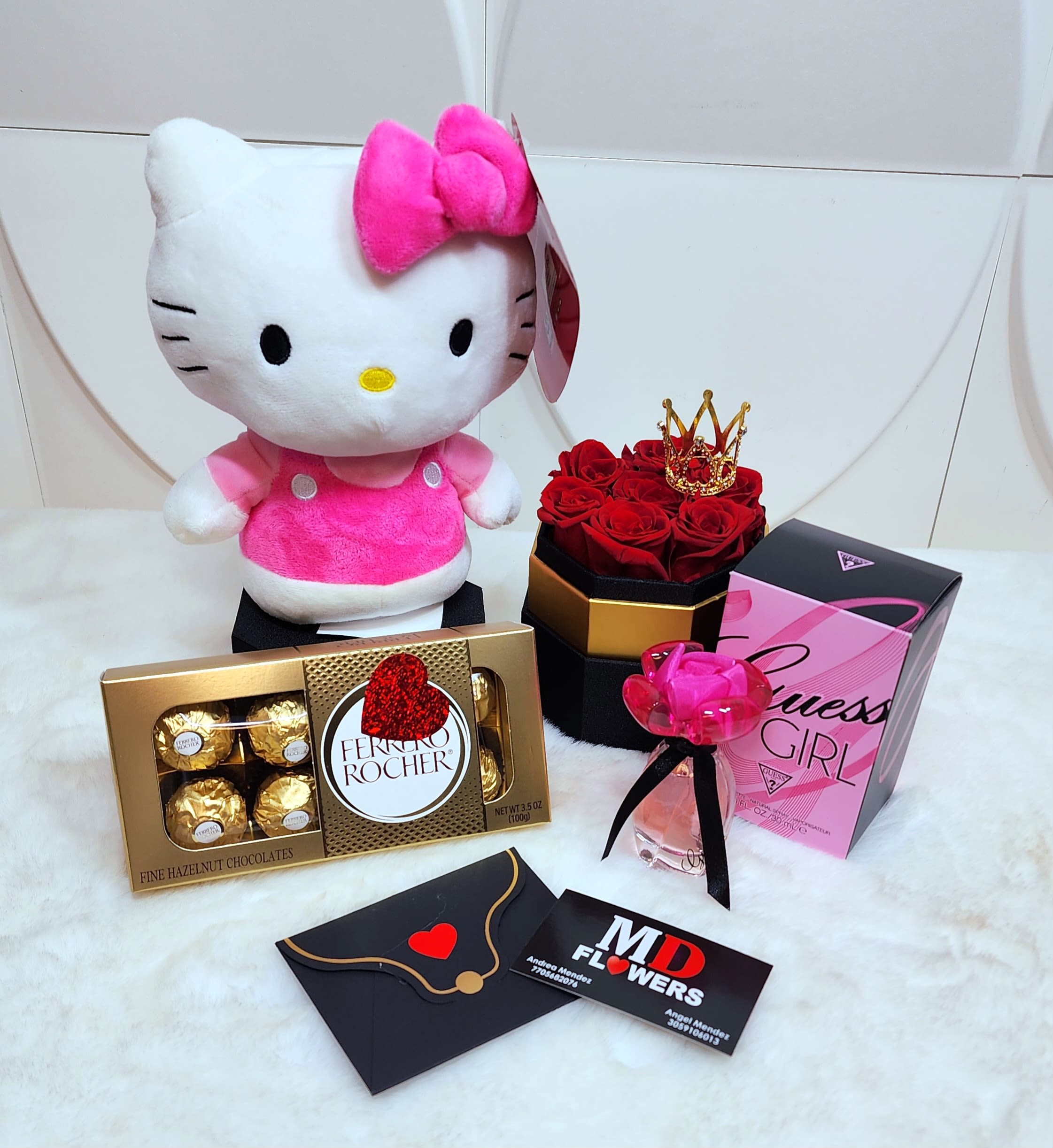 HELLO KITTY SET HELLO KITTY SET - RED PRESERVED ROSES HELLO KITTY 9 10 INCH FERRERO ROCHER CHOCOLATES GUESS WOMEN PERFUME