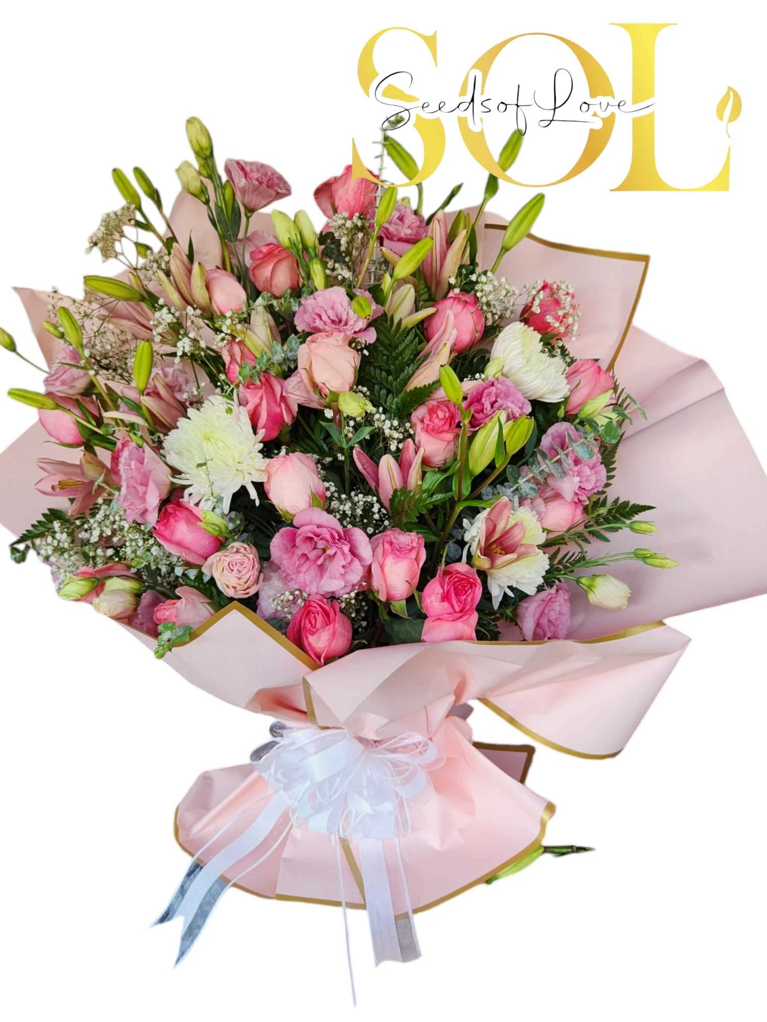 You Are Beautiful Bouquet You Are Beautiful Bouquet - 25 High Quality Pink Roses in a base, Oriental Lilis, lisianthusl, China mums, Baby's Breath and green fillers nicely wrap. In the language of flowers, pink roses represent a fond affection, a sincere admiration, femininity, fertility and an agape type love while white roses can mean purity, innocence, peace or even spirituality plus transcendence