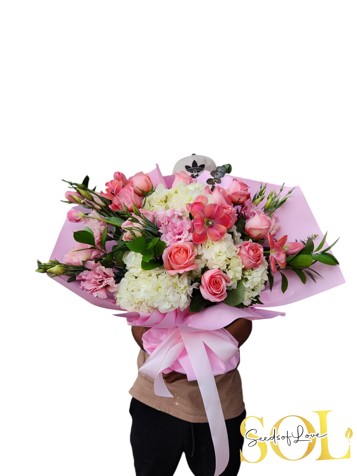 Pink Perfection Bouquet Pink Perfection Bouquet - 25 high quality roses, hydrangeas, lisianthus, tulips and green fillers in a base nicely wrap.