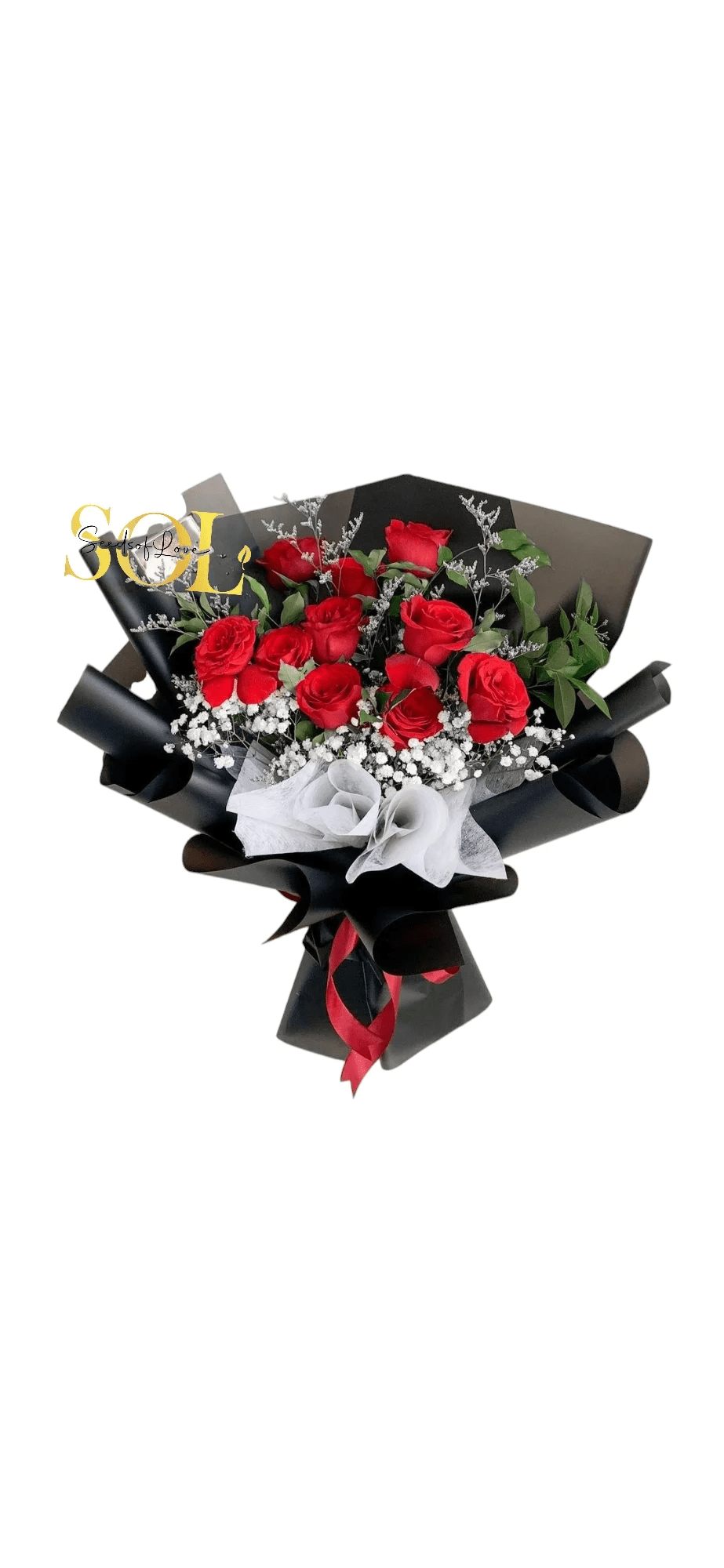 Romantic Bouquet Romantic Bouquet - Dozen of Red Roses, baby's breath & green fillers in a base. Red roses symbolize all those things that make a love story great: Passion, desire, true love, and romance