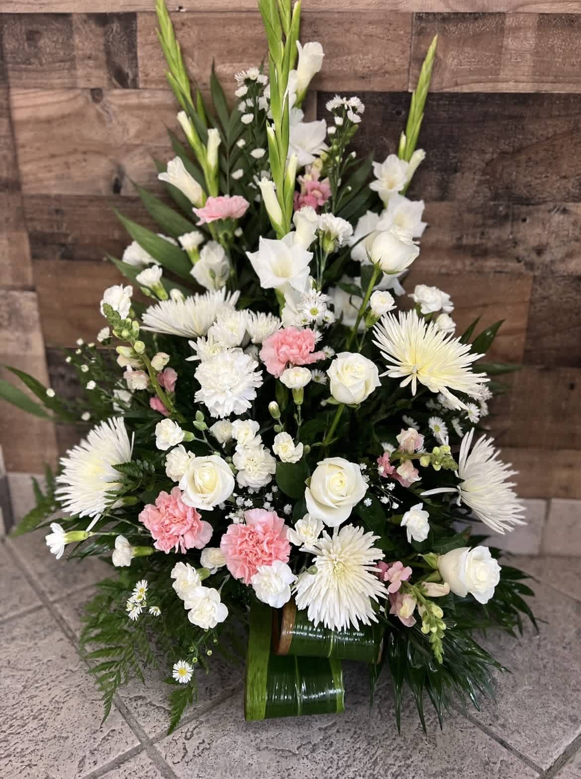 Peace by Martha - A peaceful (one sided) all white or white with touch of second color.  Mixed flowers in a plastic base container.   Approximate Dimensions: 17&quot; D x 25&quot; H