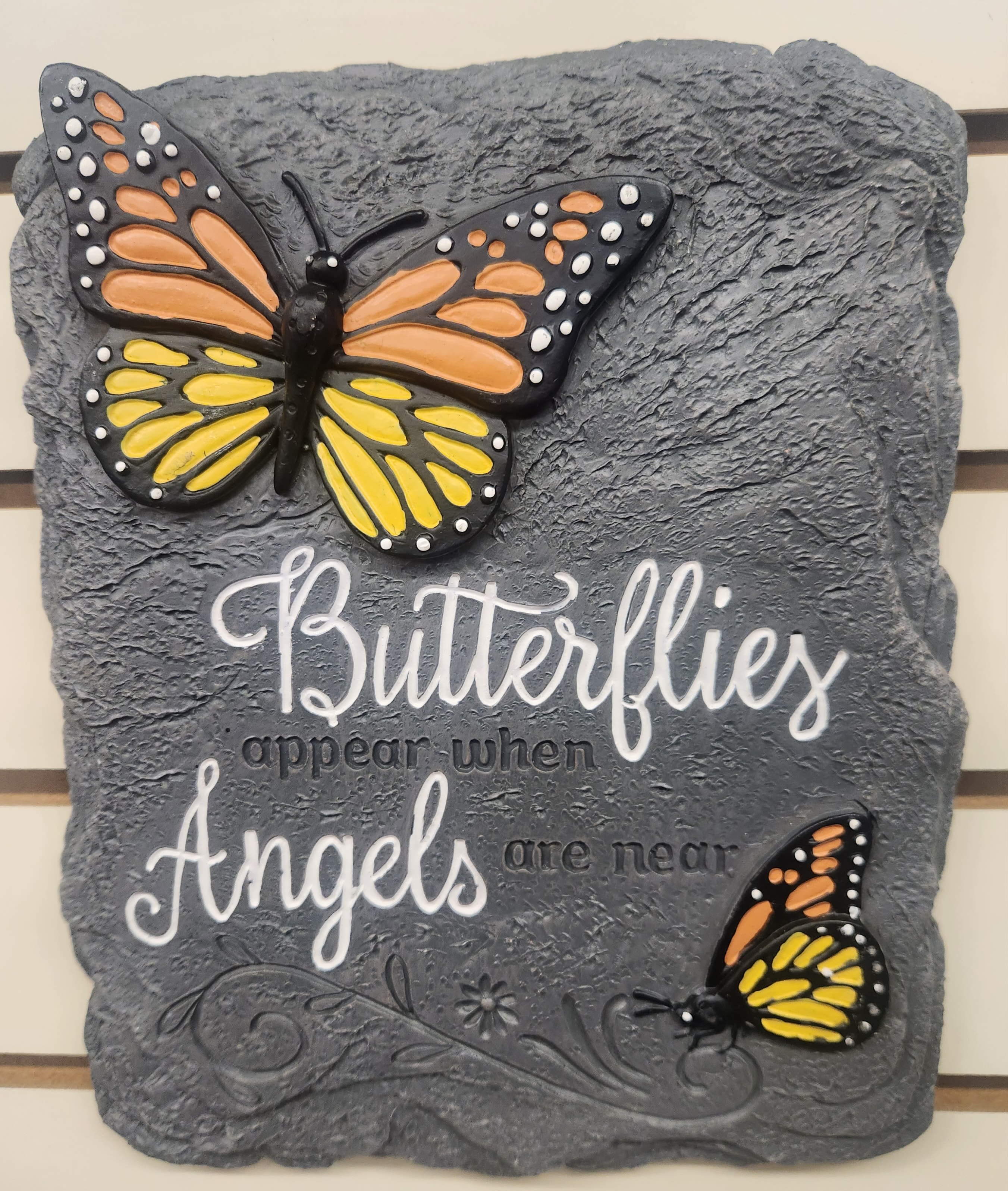 "Butterflies appear when angels are near" slate memorial stone with stand "Butterflies appear when angels are near" slate memorial stone with stand - Butterfly slate garden stone comes with an easel to stand it up at the memorial service. Saying "Butterflies appear when angels are near."