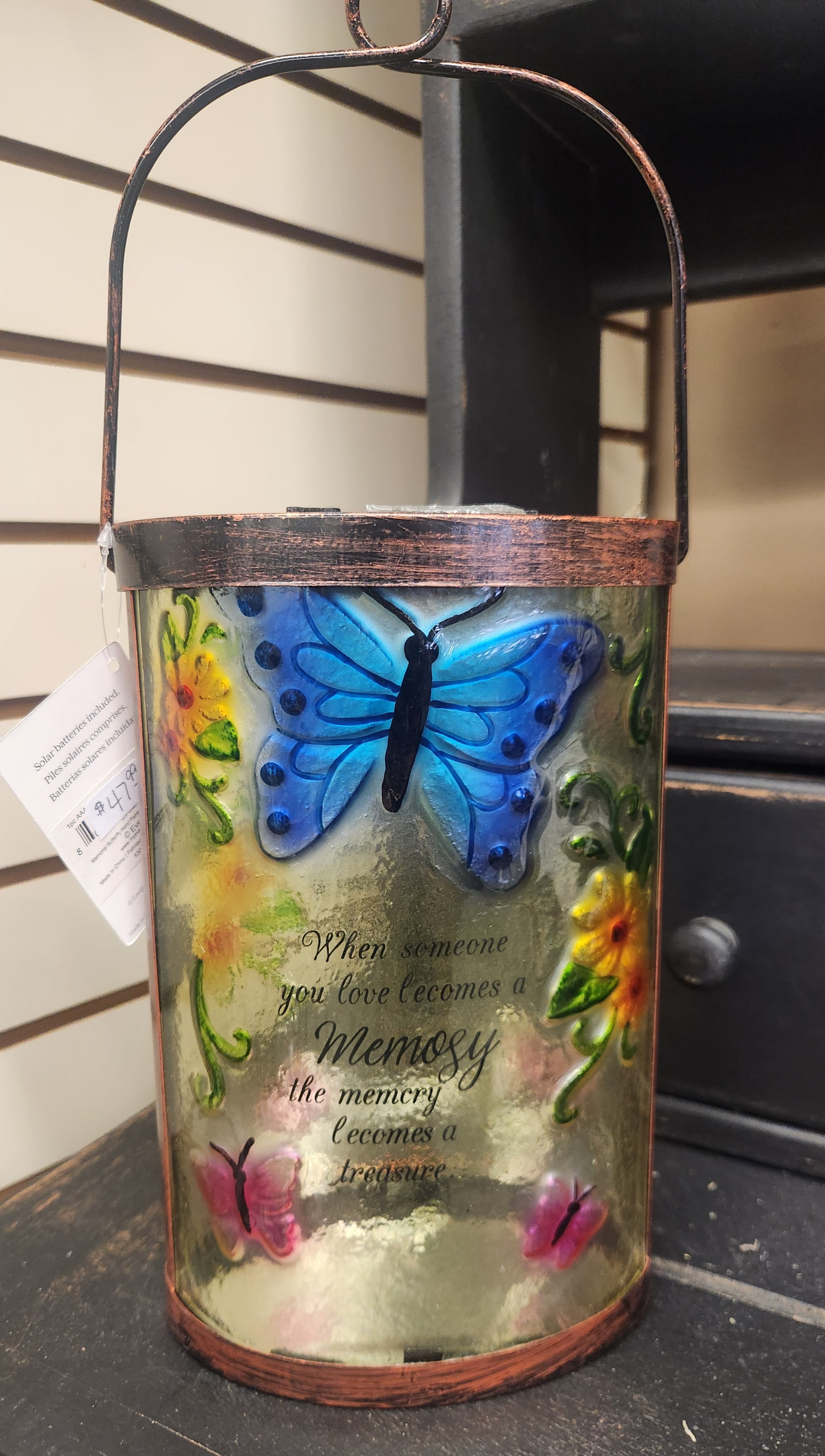 Memorial butterfly hand painted solar lantern Memorial butterfly hand painted solar lantern - Send this beautiful hand painted memorial butterfly solar lantern to remember your loved one. Saying 'When someone you love becomes a memory the memory becomes a treasure."