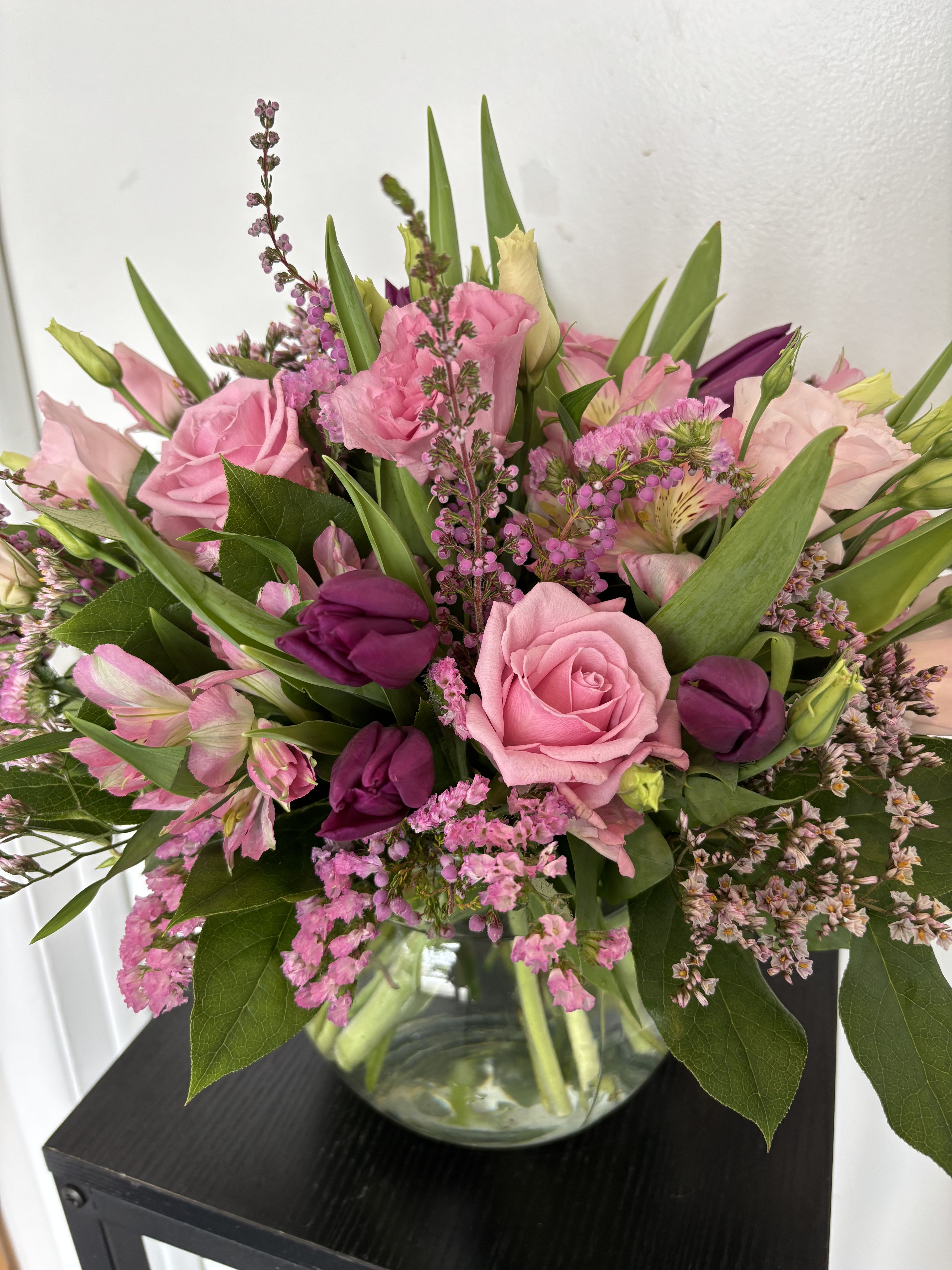 Pink Bundle in a Bubble  - Large glass bubble ball with pink roses, pink lisianthus, purple tulips (seasonal), heather and premium greens  