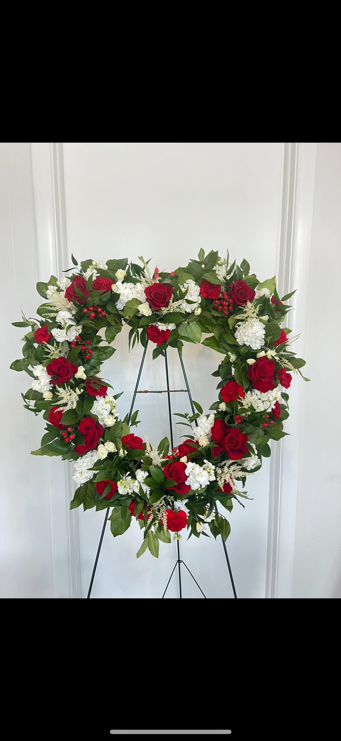 Large Open Heart Red and white  - Red roses, white lisianthus, white stock, white astilby, red berries and premium greens 