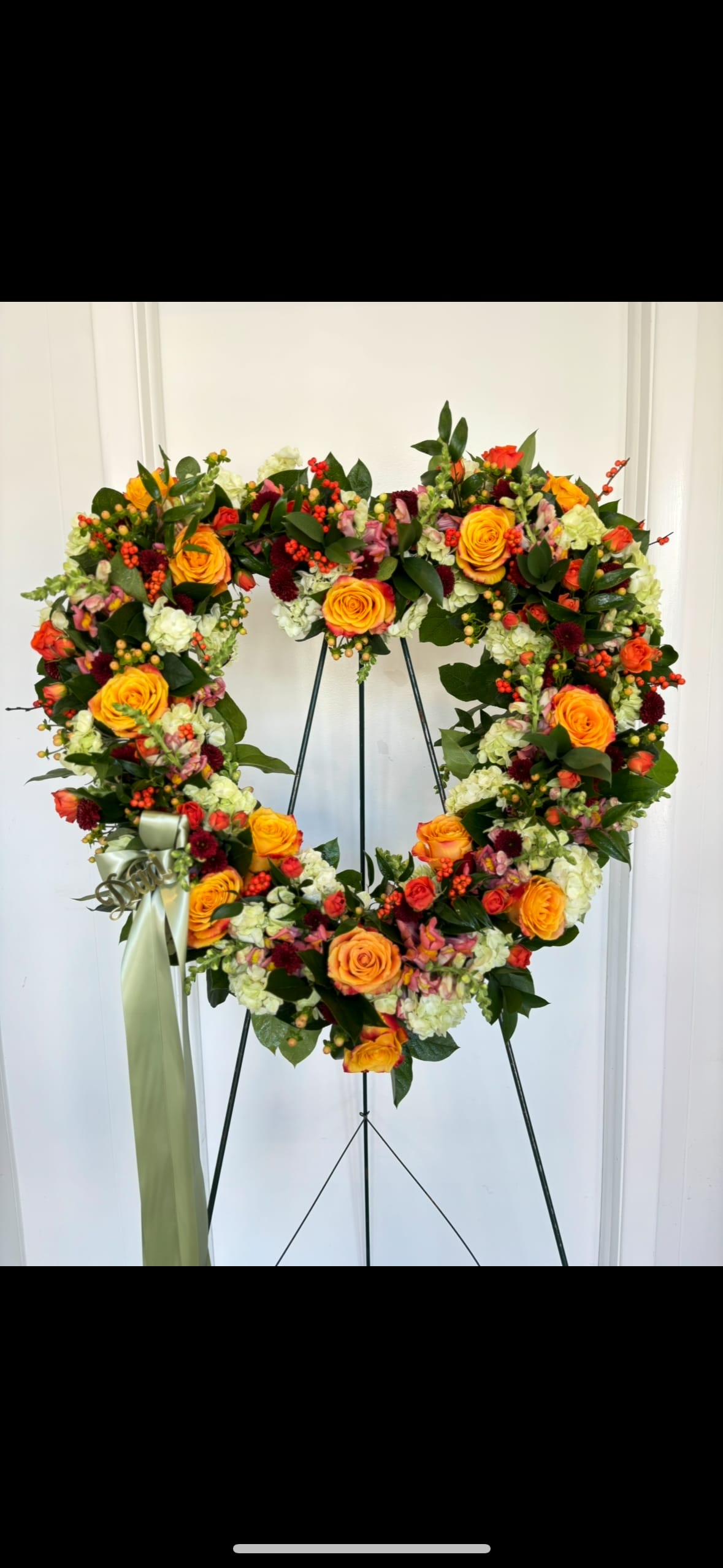 Large Open Heart Yellow, Green and Orange  - Light green hydrangea, yellow roses, orange spray roses, orange snap dragon, peach berries, burgundy buttons and premium greens 