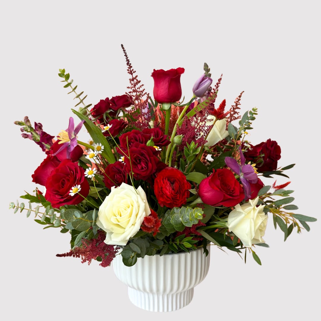 Devotion (large vase included) - A lush, artfully arrangement statement piece in a timeless ceramic vase - designed to impress and inspire.  Make a note in your order comments to select your color palette: -Whimsy &amp; Wonder: Playful, airy pastels with soft, romantic hues. -Organic &amp; Earthy - Warm neutrals and natural textures with effortless elegance. -Deep &amp; Dramatic - Rich, moody tones with bold, captivating beauty.