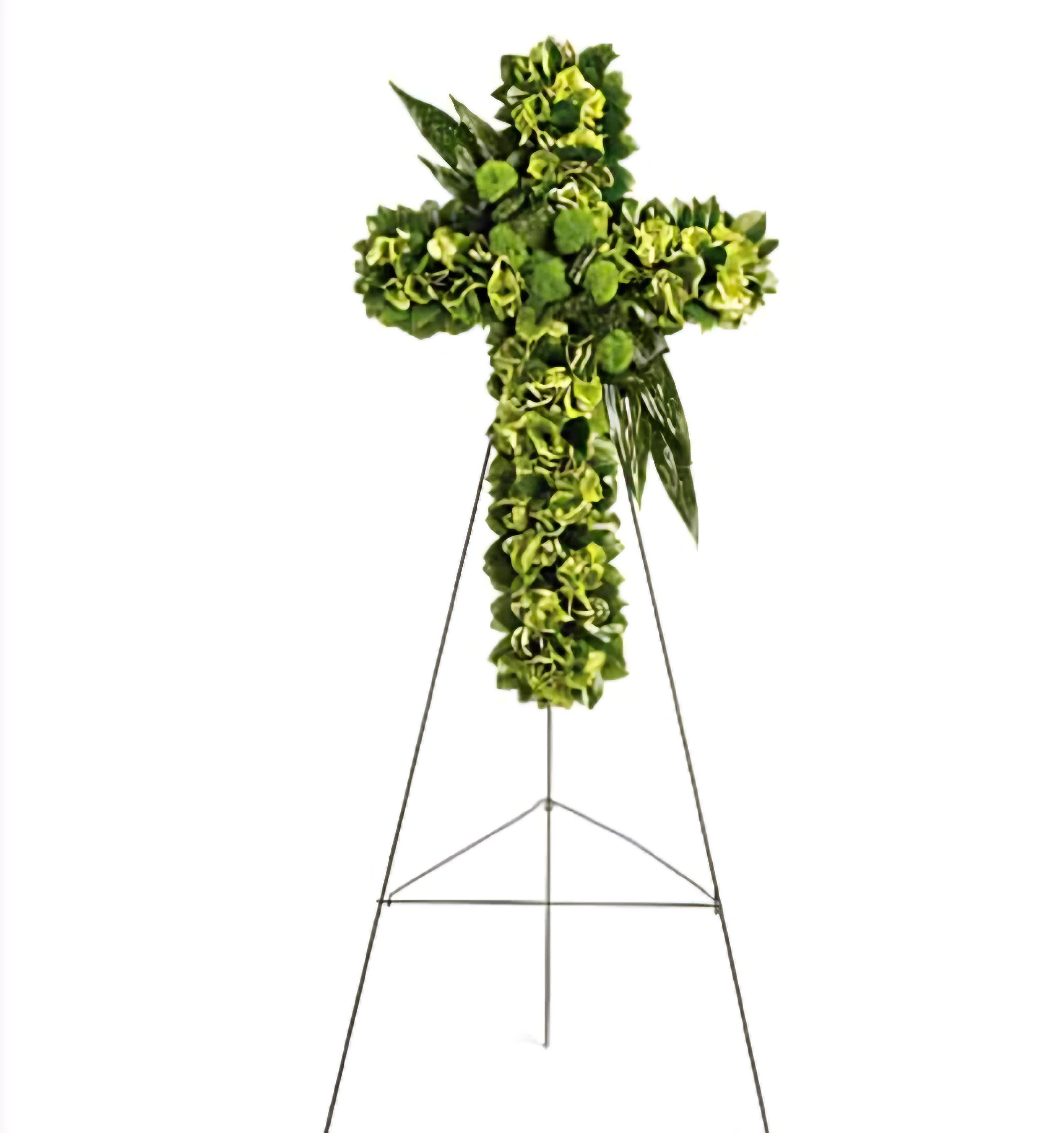 Cross shaped funeral standing spray Cross shaped funeral standing spray - Pay homage with our Cross-Shaped Funeral Standing Spray, a solemn and beautiful arrangement symbolizing faith and peace during times of remembrance.