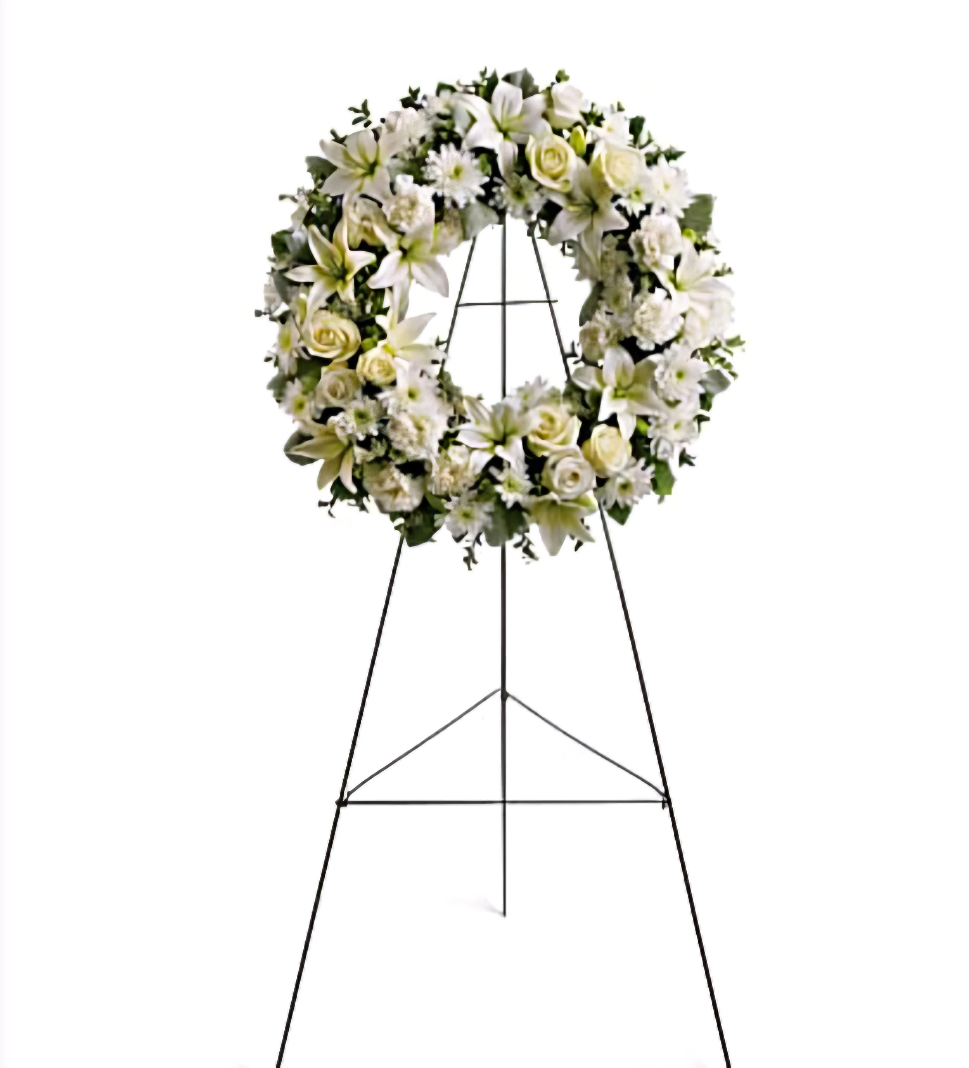 White Funeral Standing Spray White Funeral Standing Spray - Honor a loved one with our White Funeral Standing Spray, a graceful tribute featuring soft pink and white blooms, beautifully arranged to convey sympathy and respect.
