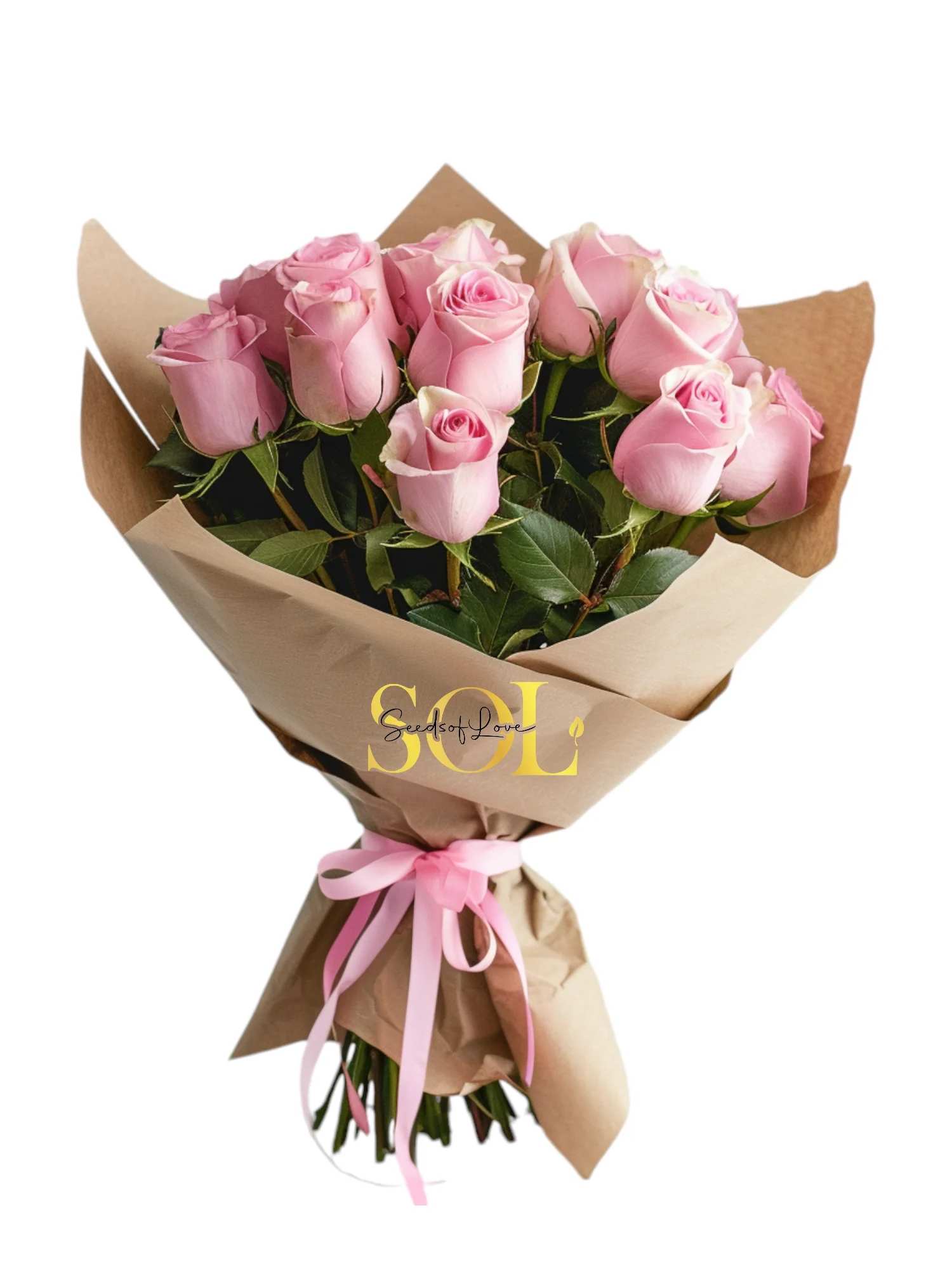 Dozen Pink Roses in Craft Paper - Pink roses are symbols of elegance, refinement, sweetness, and femininity. Pink roses are fit for loyalty 