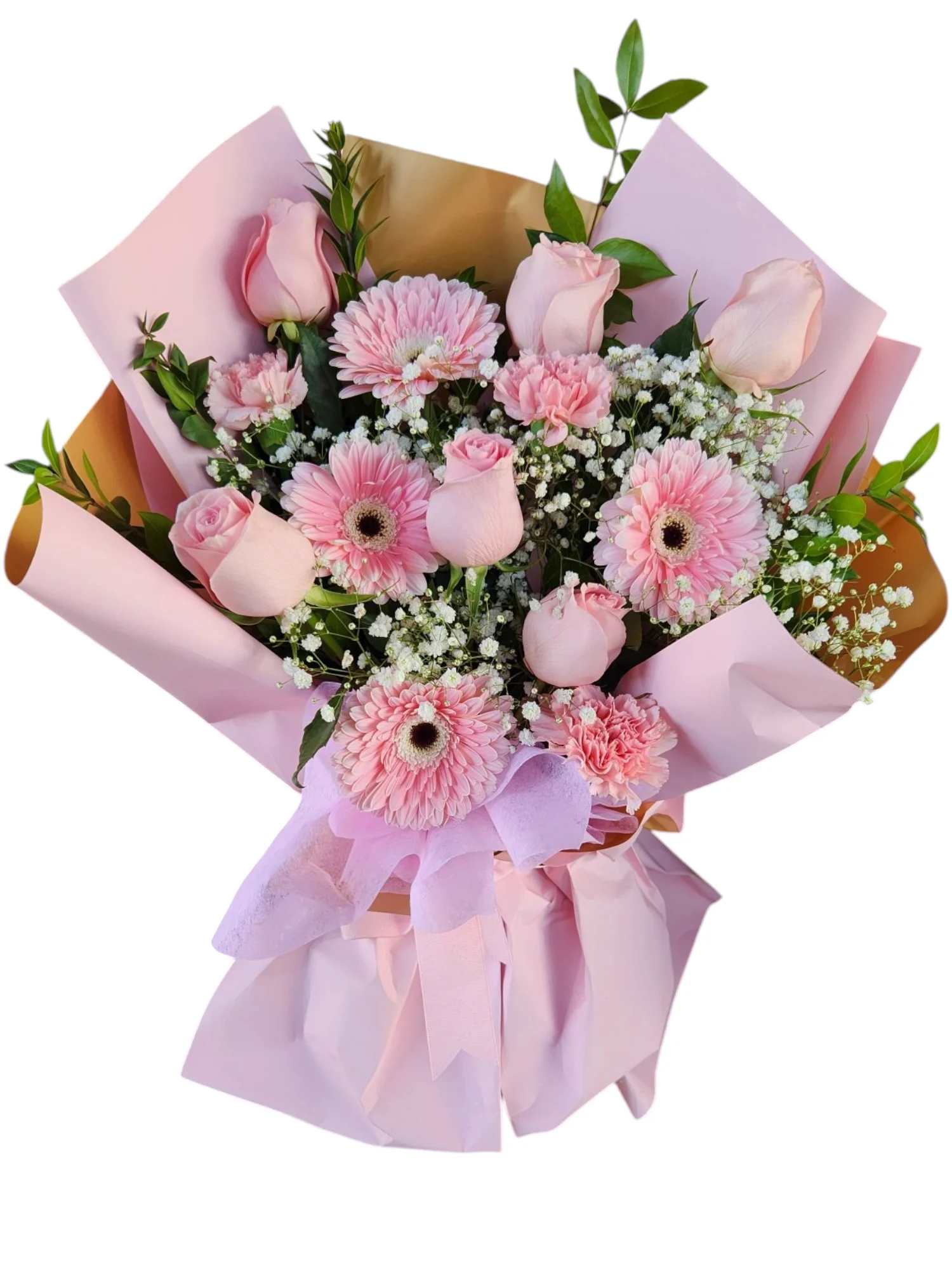Pretty in Pink Bouquet Pretty in Pink Bouquet - Pink roses, daisy's, pink carnation and green fillers