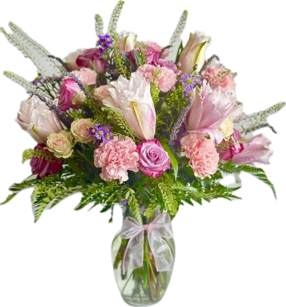 Blush of Love Bouquet - The Blush of love bouquet is made with oriental lilies, lavender roses, carnations, spray roses, mini asters, and lavender flowers and greenery foliage this valentines shop you romantic side to you favorite person that you love.
