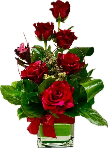 The Heart Shape Bouquet - The Heart Shape Bouquet is made thinking of love and is made with red roses, TI leaf and mix green on square crystal vase covered with a TI leaf and wire heart shape and butterfly for decoration.