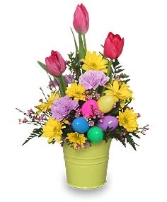 Bucket tulips - 1 side arrangement  3 tulips  Hello dayse  3 roses plastic egg  With fillers and green