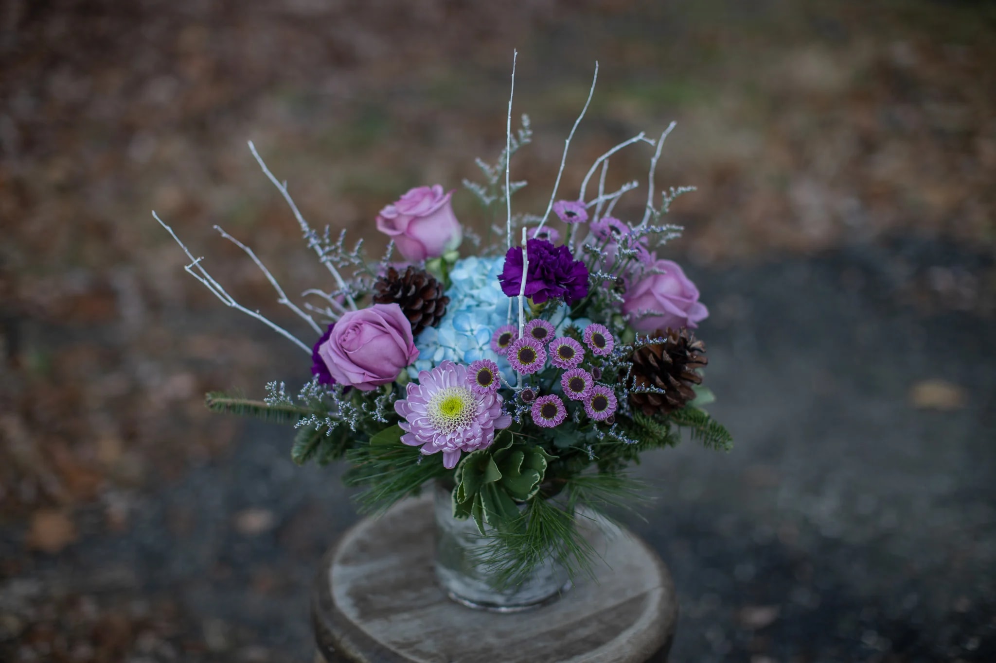 Woodland Twilight - Nested in seasonal foliage are cool indigo and blue toned floral varieties arranged in a birch lined cylindrical vase. In some instances pink roses may be used in place of lavender as we rely on variety packs of flowers and rose colors are not guaranteed.  Flower varieties will include blue hydrangea, lavender cremons, lavender mauve or pink roses, specialty moon series dianthus, pom pons either white cushion or novelty variety as photographed. Decorative branches and pine cones complete the woodland aesthetic. Original design by Katie 2022. Branch materials will shift with seasonality, winter: white or natural birch, spring: pussywillow branch, summer: curly willow, fall: pencil cattails or dried wheat. 