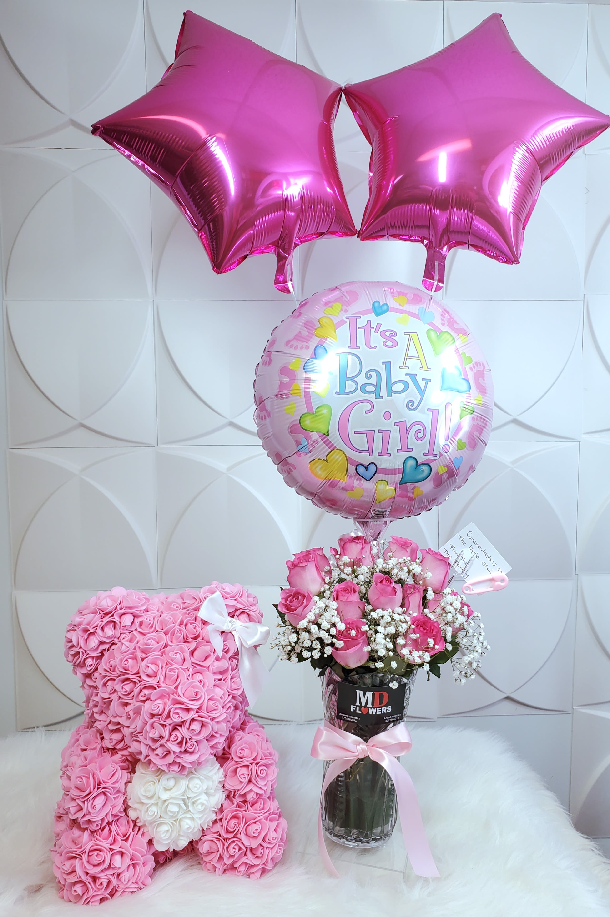 PINK TEDDY BEAR - PINK FOAM TEDDY BEAR WITH 12 ROSES IN BASE AND BALLOONS