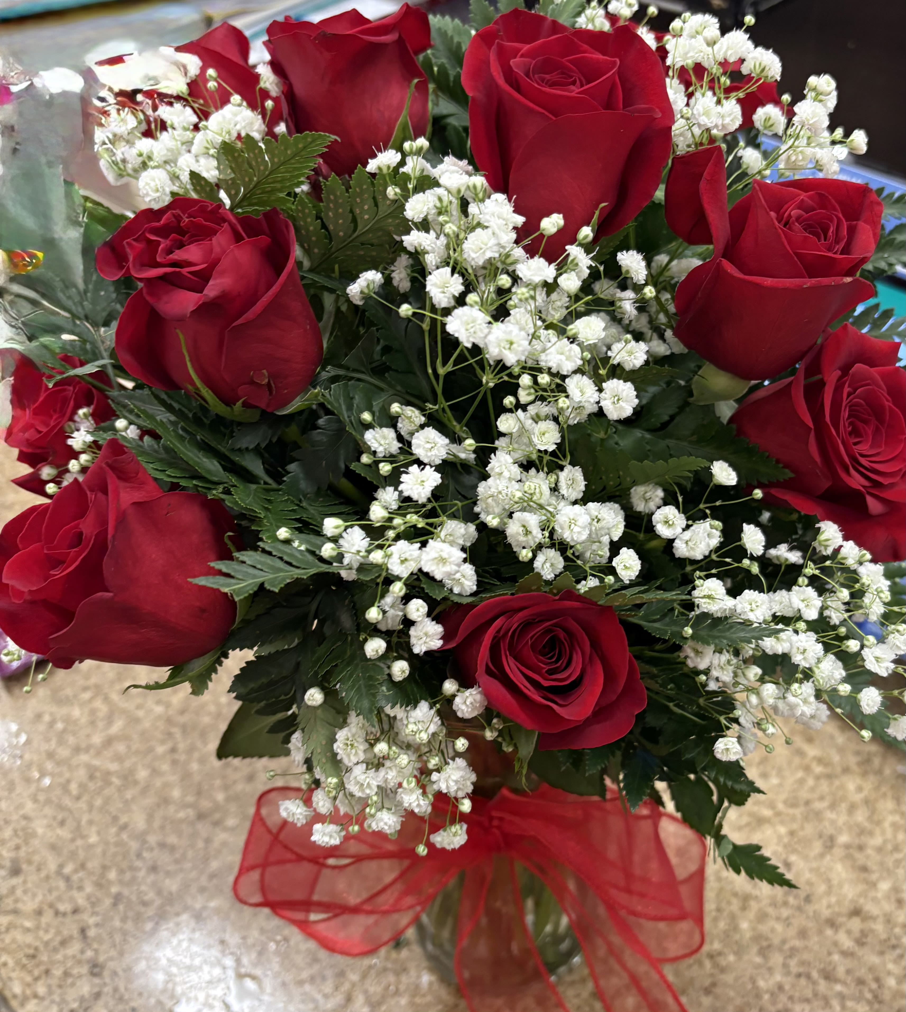 Traditional Traditional - dozen red roses with greenery and baby’s breath