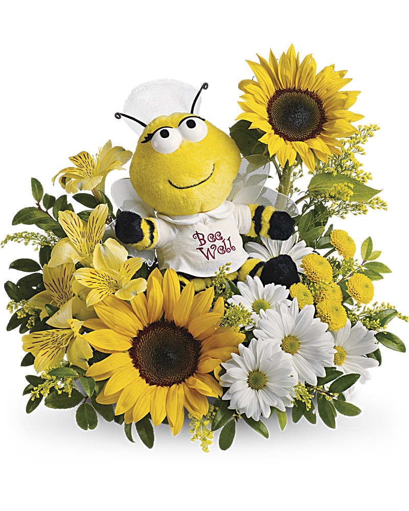 Bee Well Bouquet - We have just the cure for what ails them. A plush nurse bee is ready to buzz into service with enough fresh flowers to make anyone perk up. A plush bumble bee surrounded by sunny yellow sunflowers, yellow button chrysanthemums, alstroemeria and white daisies.