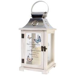 Butterfly Memorial "Forever In Our Hearts" Lantern Butterfly Memorial "Forever In Our Hearts" Lantern - This lantern is made from quality composite wood and a stainless steel silver finish top. It features a built-in automatic timer which runs for 6 hours on and 18 hours off(3-AAA batteries are NOT included) and is uv printed with a sentimental quote. DO NOT use fire burning candles in the lantern. Suitable for hanging or free-standing use inside. Recommended as an accent in floral arrangements for many occasions!