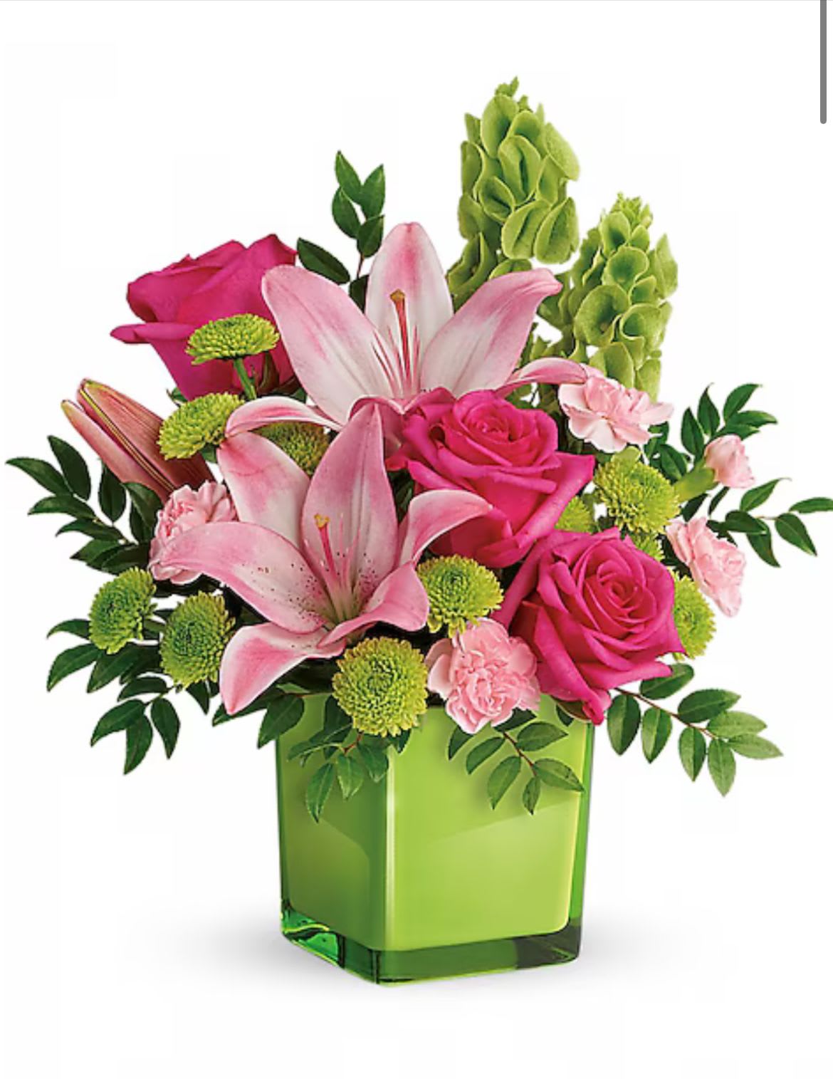 Lime in rose bouquet  - Roses in lime is a beautiful combination of this piece of art created for the ones who loves flowers. Hot pink roses, bells of Ireland and pink lilies in a green color vase