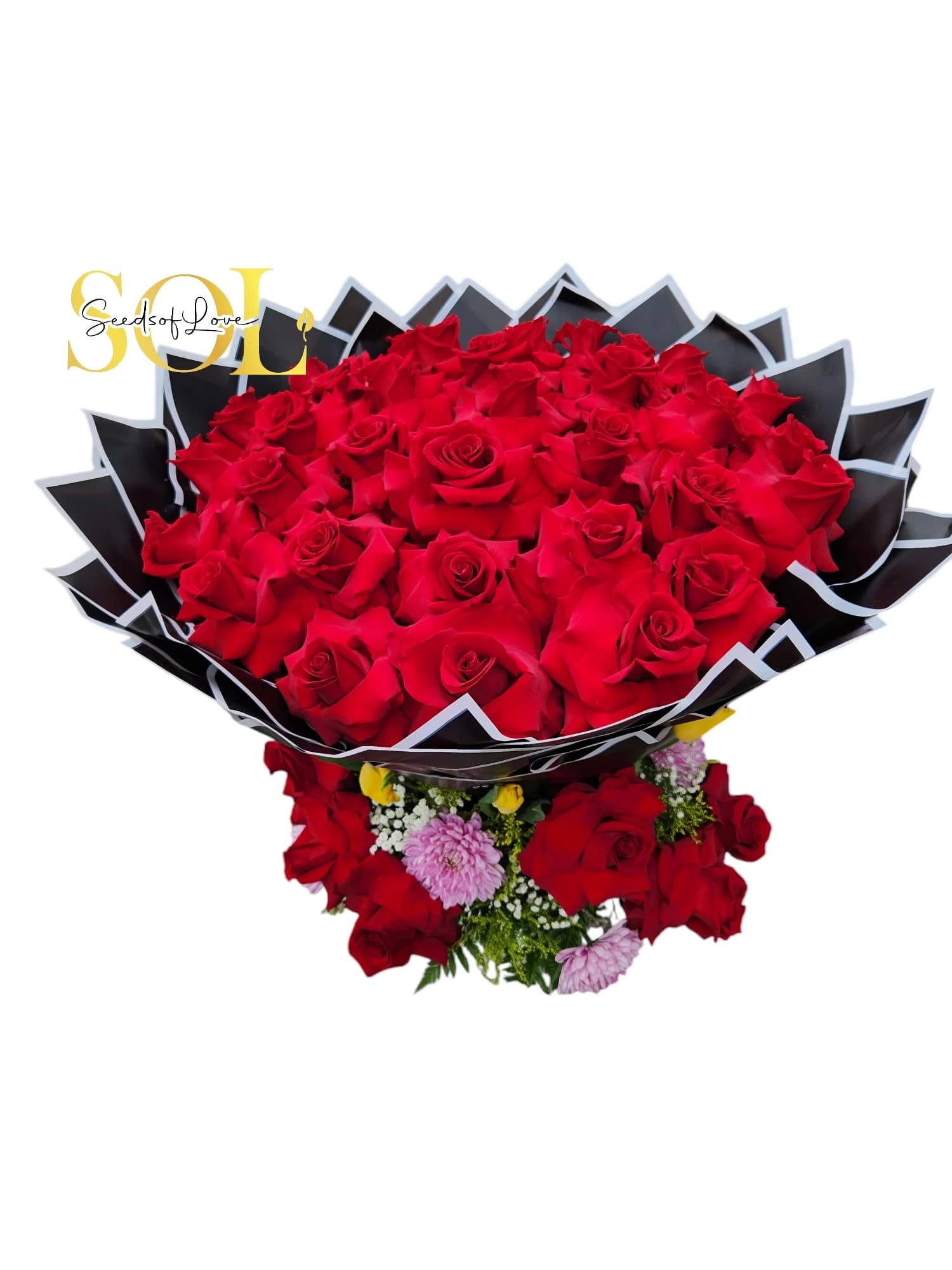 Buchon in a base Buchon in a base - 60 opened red roses, assortment of season flowers. Red roses symbolize all those things that make a love story great: Passion, desire, true love, and romance.