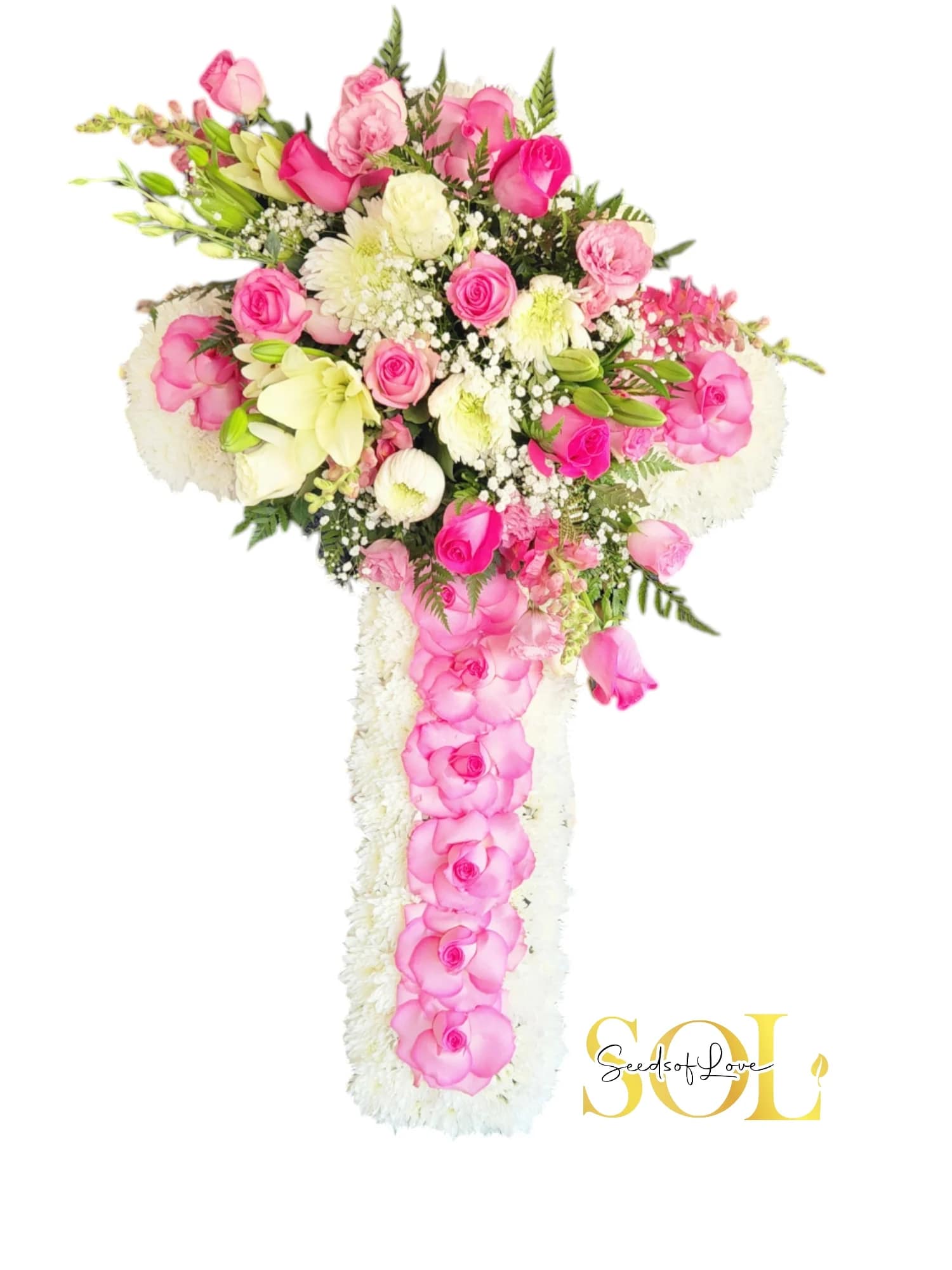 Always Adored Cross Always Adored Cross - Pink roses and lilies white pompoms china moums and green fillers