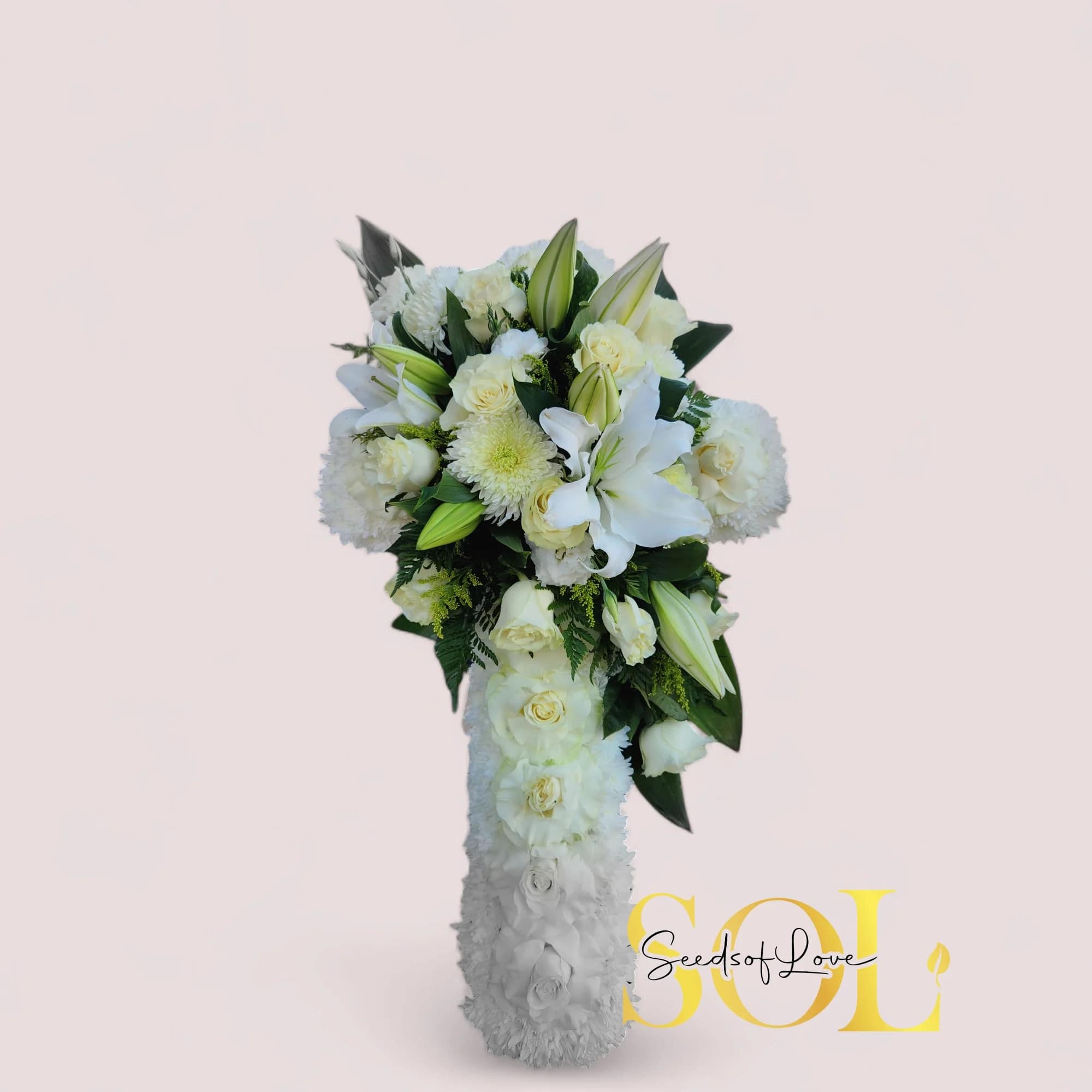 Divine Light Cross Divine Light Cross - White roses, lilies, china moums and green fillers.