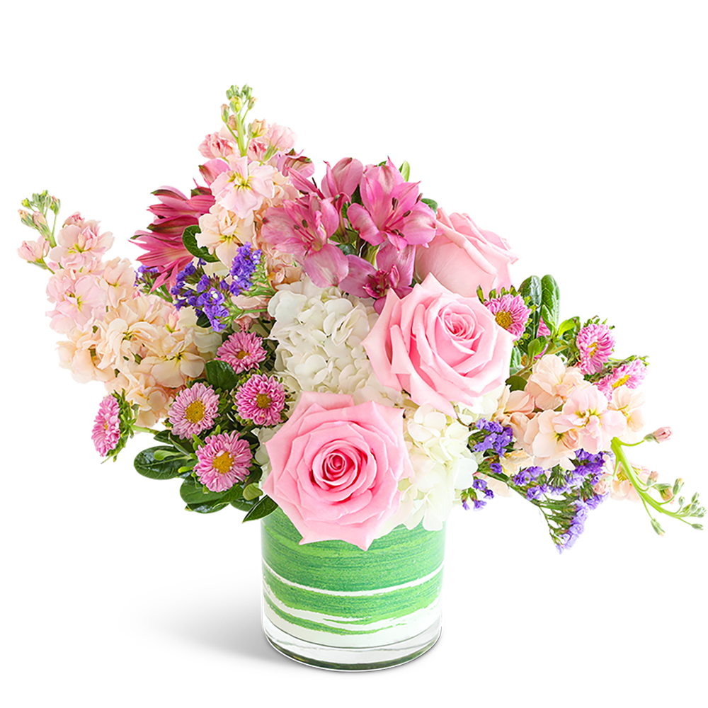 Pink Cloudscape - &quot;Spread love and joy with our exquisite Pink Cloudscape flower design. Delicate pink roses, Alstroemeria, and Hydrangea are artfully arranged in a leaf-lined vase, creating a beautiful and tender look that is sure to bring a smile to anyone's face. With its pop of pastel colors, this unique flower arrangement is perfect for adding a touch of soft elegance to any occasion.   Our floral inventory changes with the seasons and market availability. These images are indicative of our general size &amp; style. We can offer same-day flower delivery in most cases. If you are sending the bouquet directly to your recipient, please provide the complete address and contact information so that we can deliver the flowers directly to them.&quot;