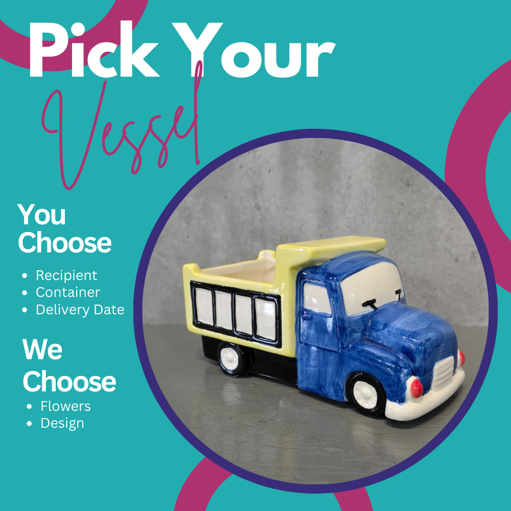 Ceramic Work Truck - Pick your vessel and let our designers create a custom arrangement specifically for your recipient! We have so many amazing and adorable vases and containers, and why wait until we have crafted designs to go in them for you to be able to select them? We have set the price points to match what the container can hold, let us know your recipient's favorite flowers and colors in the special instructions.  The work truck is approximately 8&quot; bumper to bumper, and 4&quot; tall.