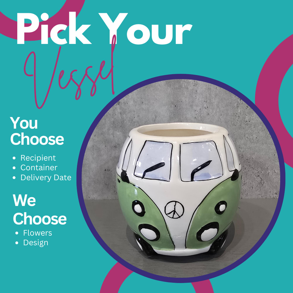 Green Peace Van Green Peace Van - Pick your vessel and let our designers create a custom arrangement specifically for your recipient! We have so many amazing and adorable vases and containers, and why wait until we have crafted designs to go in them for you to be able to select them? We have set the price points to match what the container can hold, let us know your recipient's favorite flowers and colors in the special instructions. The green ceramic peace van is approximately 4" tall and 4.5" wide.
