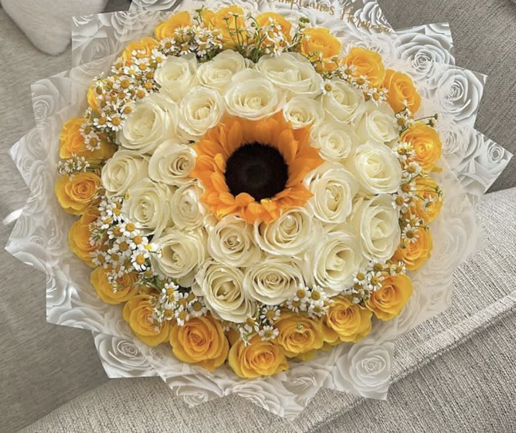 You brighten Everything Bouquet  - Yellow and White Roses, Sunflower, all expertly wrapped with lush tissue 