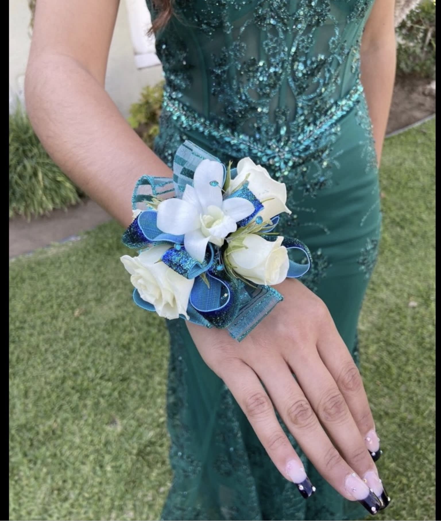 Corsage/ Wristlet Aqua  - Aqua color lush ribbons and cream miniature roses, orchid