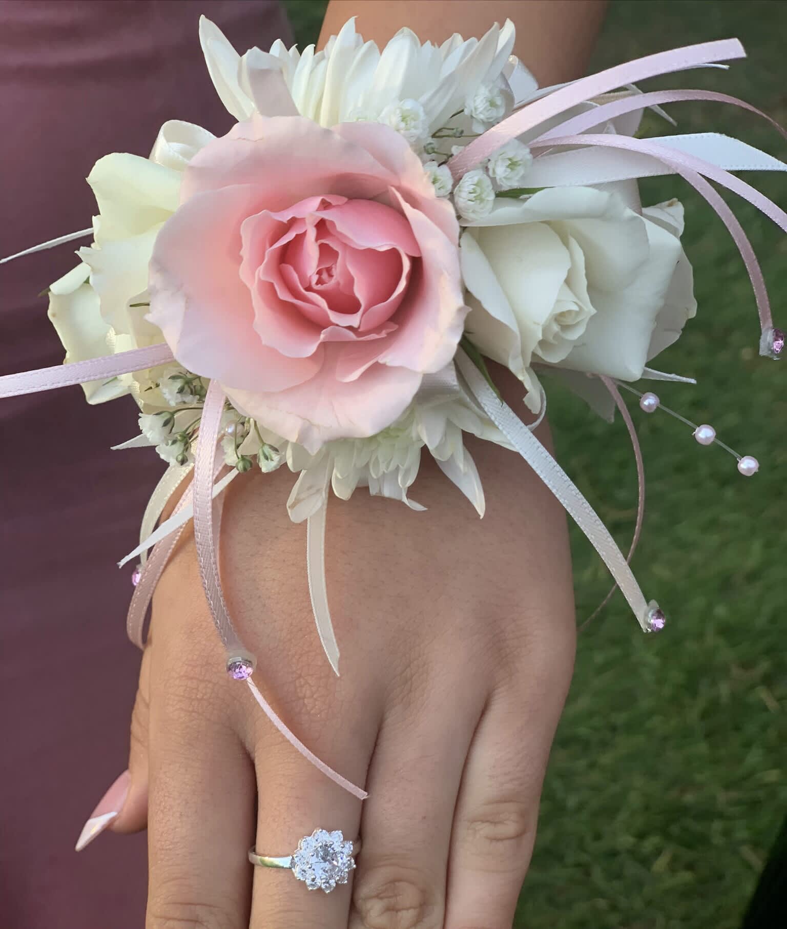 Pink and White wristlet  - Pink, white roses and miniature Mums with just the right amount glam