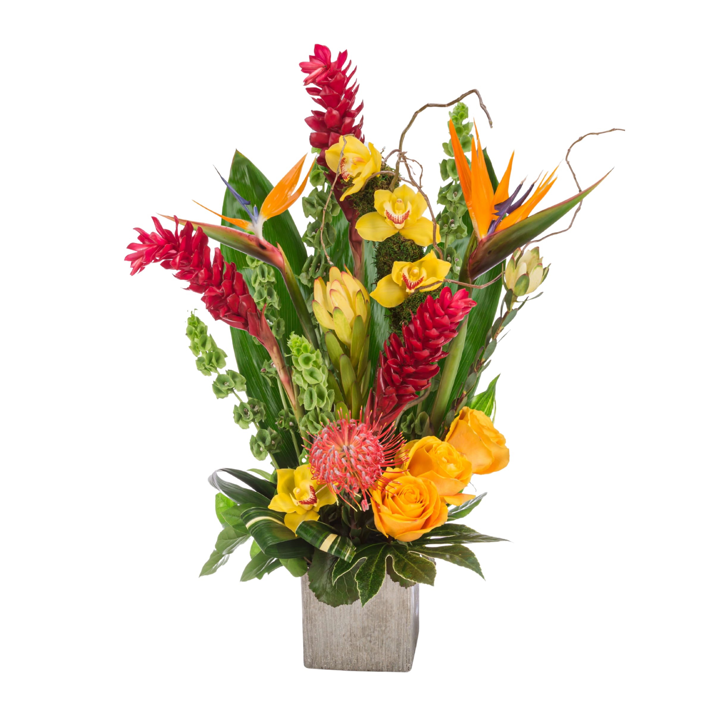 Tropic Like It's Hot Tropic Like It's Hot - Tropical plants come together in this one-sided tall standing arrangement. Featuring birds of paradise, ginger, and pincushion protea, this tropical selection would look lovely in any home. Containers vary based on availability.