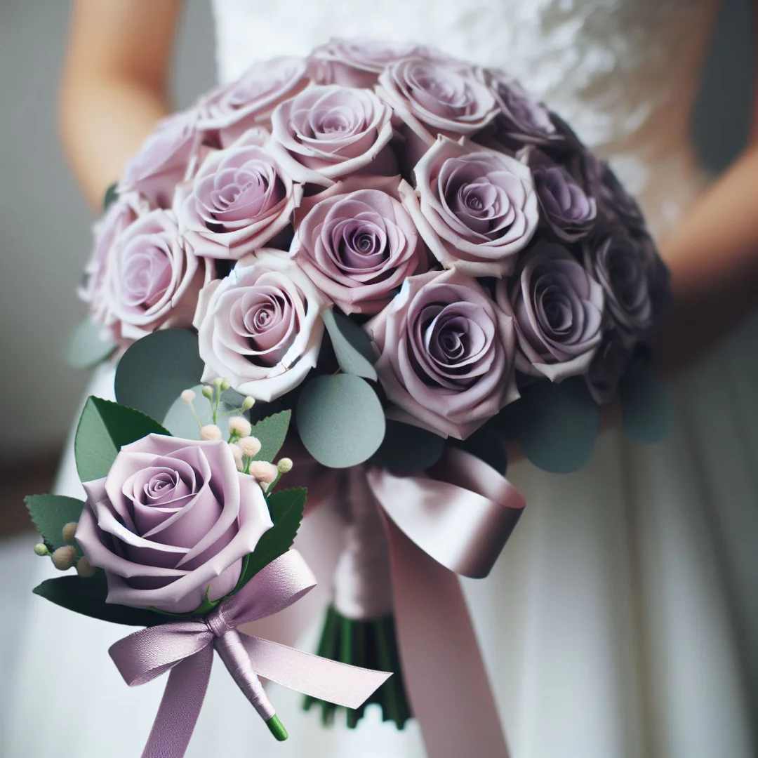 Lavender Dream Bridal Bouquet and Boutonniere Package Lavender Dream Bridal Bouquet and Boutonniere Package - The Lavender Dream Bridal Bouquet and Boutonniere package is a perfect blend of elegance and charm for your special day. This set features the freshest and finest lavender roses, baby's breath, and greens. This dreamy bouquet is visually stunning and magical, making it the perfect choice for your special day! Floral Arrangement Disclaimer: This bridal bouquets includes one dozen (12) fresh roses, complemented by a selection of greens and fillers, providing exceptional value. Each boutonniere features one (1) fresh rose, accompanied by greens and fillers. All arrangements are adorned with ribbons or bows to enhance the overall aesthetic. Please note that the photos provided are for illustrative purposes only and do not reflect the final product. Variations in color, fullness, greenery, and flower availability may occur due to the nature of fresh flowers and seasonal availability. Our dedicated team of designers will ensure you receive fresh, high-quality flowers for your special day. In the event that substitutions need to be made, we will contact you to discuss the changes. We appreciate your understanding and look forward to creating beautiful floral arrangements for your event
