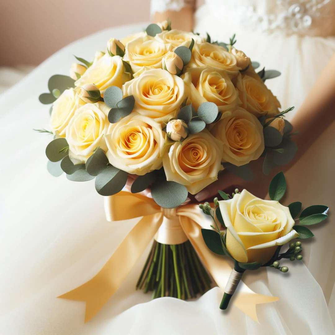 Sunshine Love Bridal Bouquet and Boutonniere Package Sunshine Love Bridal Bouquet and Boutonniere Package - Experience the joy of your special day with our Sunshine Love Bridal Package. This package features a stunning bridal bouquet and a matching boutonniere, both adorned with the freshest, most vibrant yellow roses. The bridal bouquet is a radiant arrangement of premium yellow roses, hand-picked for their size and color. Each rose is carefully arranged to create a round, full bouquet that is both traditional and modern. The bouquet is hand-tied with a soft, yellow satin ribbon, adding an elegant and radiant touch. The matching boutonniere is a simple yet sophisticated accessory, perfect for the groom or any member of the wedding party. It features a single yellow rose, echoing the bridal bouquet. Floral Arrangement Disclaimer: This bridal bouquets includes one dozen (12) fresh roses, complemented by a selection of greens and fillers, providing exceptional value. Each boutonniere features one (1) fresh rose, accompanied by greens and fillers. All arrangements are adorned with ribbons or bows to enhance the overall aesthetic. Please note that the photos provided are for illustrative purposes only and do not reflect the final product. Variations in color, fullness, greenery, and flower availability may occur due to the nature of fresh flowers and seasonal availability. Our dedicated team of designers will ensure you receive fresh, high-quality flowers for your special day. In the event that substitutions need to be made, we will contact you to discuss the changes.