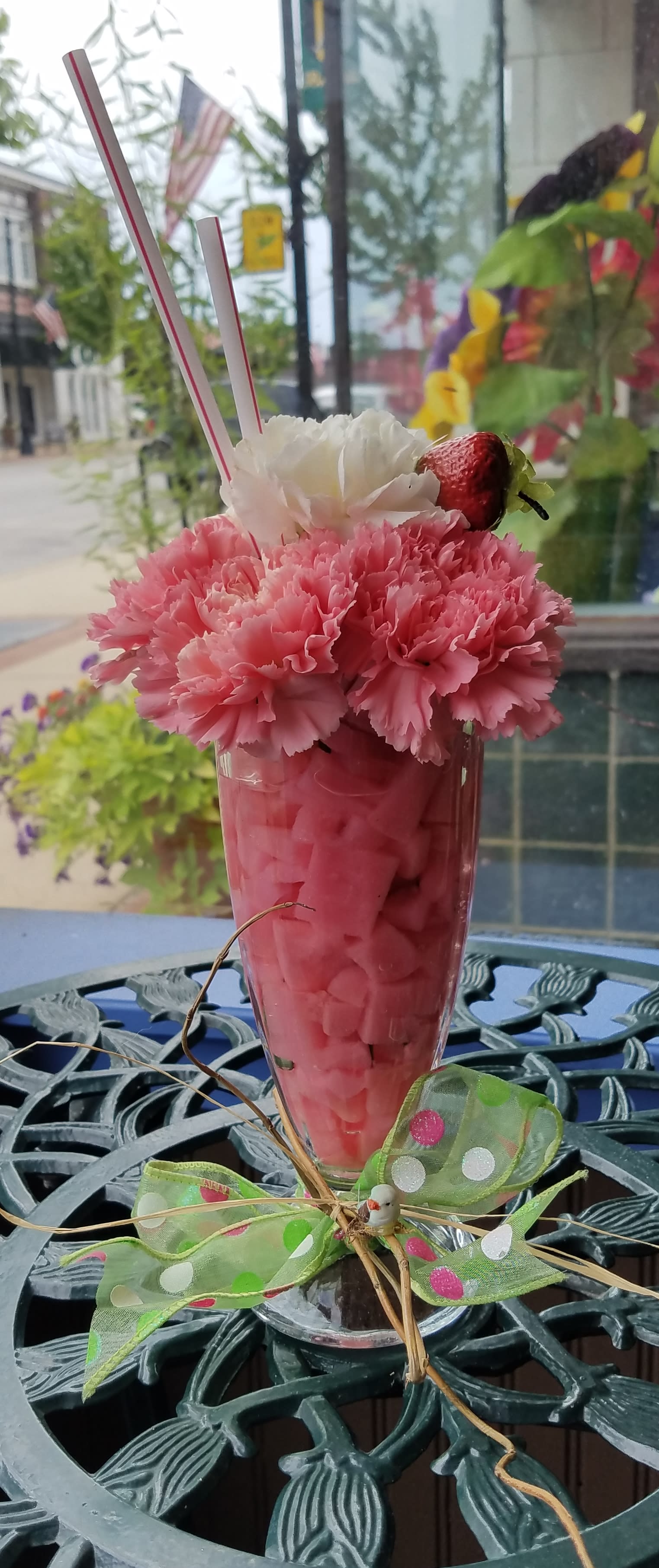 Eckert Florist's Ice Cream Soda **LOCAL DELIVERY ONLY** Eckert Florist's Ice Cream Soda **LOCAL DELIVERY ONLY** - Made with fresh carnations, this floral ice cream soda in a classic soda glass will definitely bring a smile to anyone's face. **LOCAL DELIVERY ONLY**