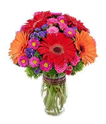 Garden Club Celebration - When this gorgeous arrangement arrives, your fortunate recipient may just jump for joy. Color almost literally explodes as hot pink Matsumoto aster, orange and red gerbera, purple statice and hot pink roses create a look to remember in a clear vase. Measures 14&quot;H by 10&quot;L.
