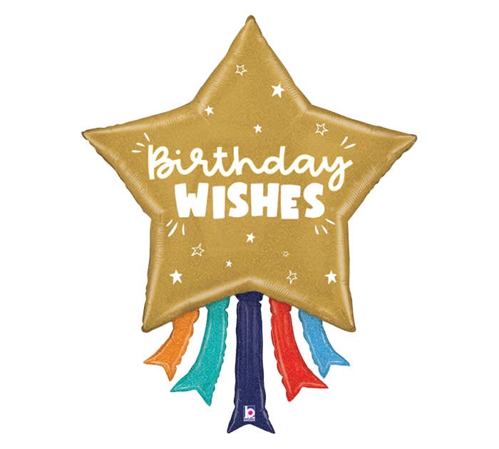 Jumbo Birthday Wishes Mylar Star Jumbo Birthday Wishes Mylar Star - A jumbo mylar balloon shaped like a shooting star that says "Birthday Wishes"