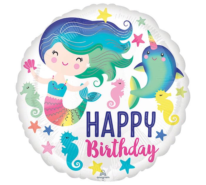17" Mermaid Happy Birthday Mylar 17" Mermaid Happy Birthday Mylar - Select this adorable under the sea design with a mermaid, narwhal, seahorses, and starfish.