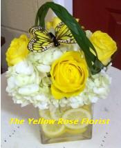 Lemon Juice - Life sometimes is sour like lemons, but this beautiful arrangement of hydrangeas and yellow roses reminds us that there is still beauty in even the hardest times of life. Cheer someone up today! Designed in a clear 4x4 glass cube.