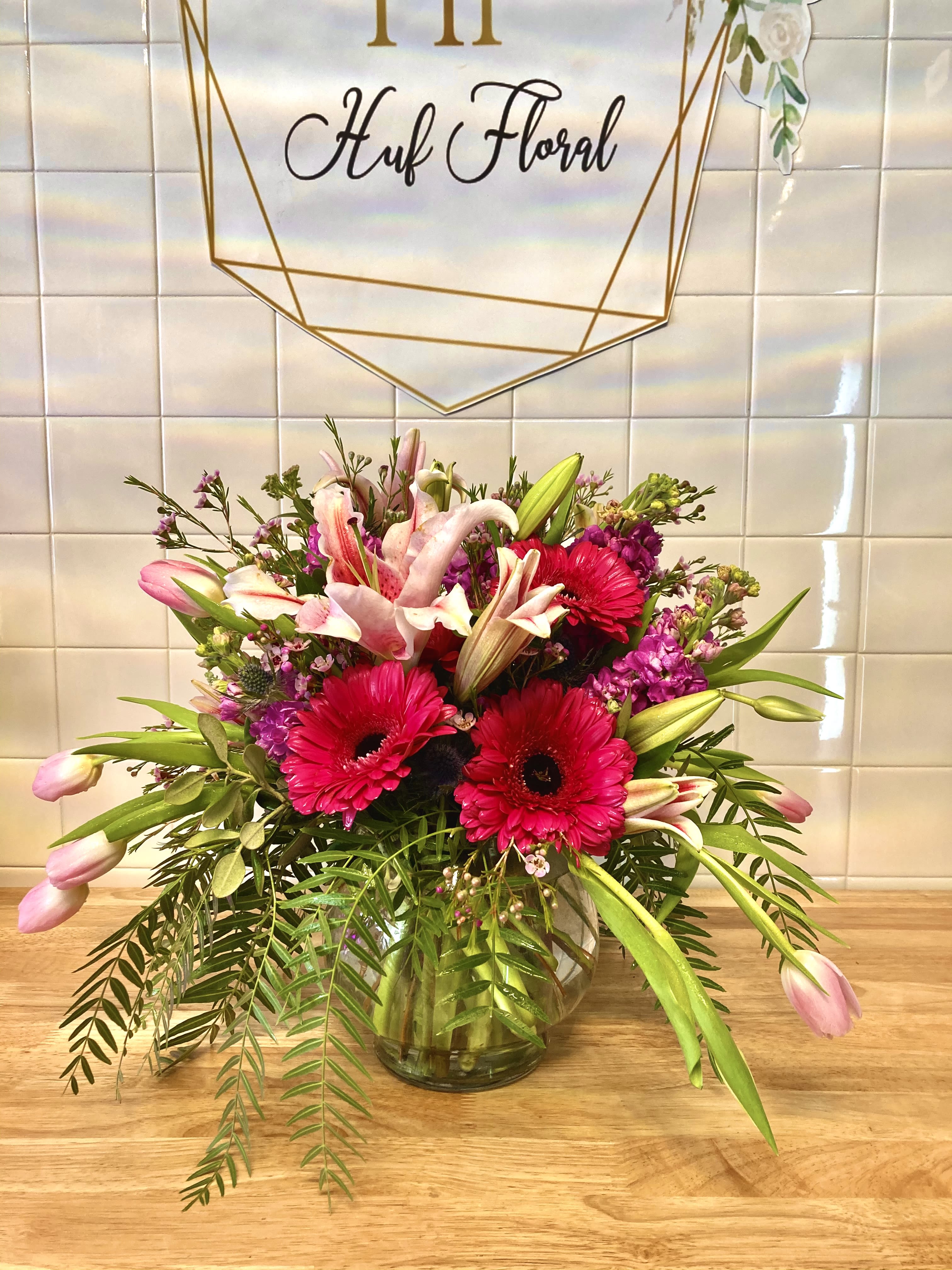 Garden Party Garden Party - This Bright Bowl Arrangement, filled with Gentle Blossoms in Shades of Pink, Green and Lilac, would be a Wonderful Centerpiece for a Garden Party, or a Bountiful Birthday Bouquet. Send one today, or treat yourself to something Special!